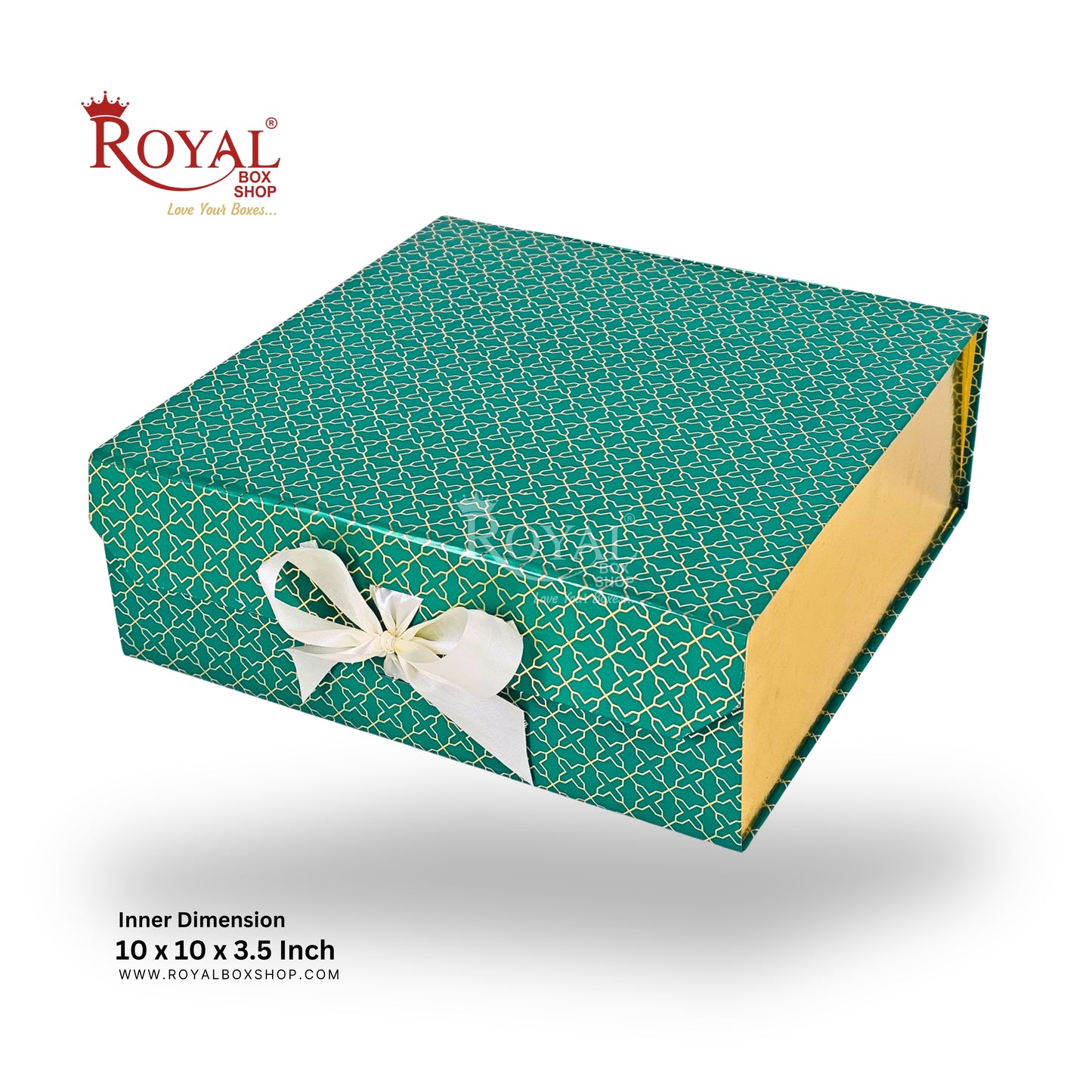 Royal Box Shop® Premium Rigid Gift Box I 10x10x3.5 Inch I Green I Collapsible with Ribbon