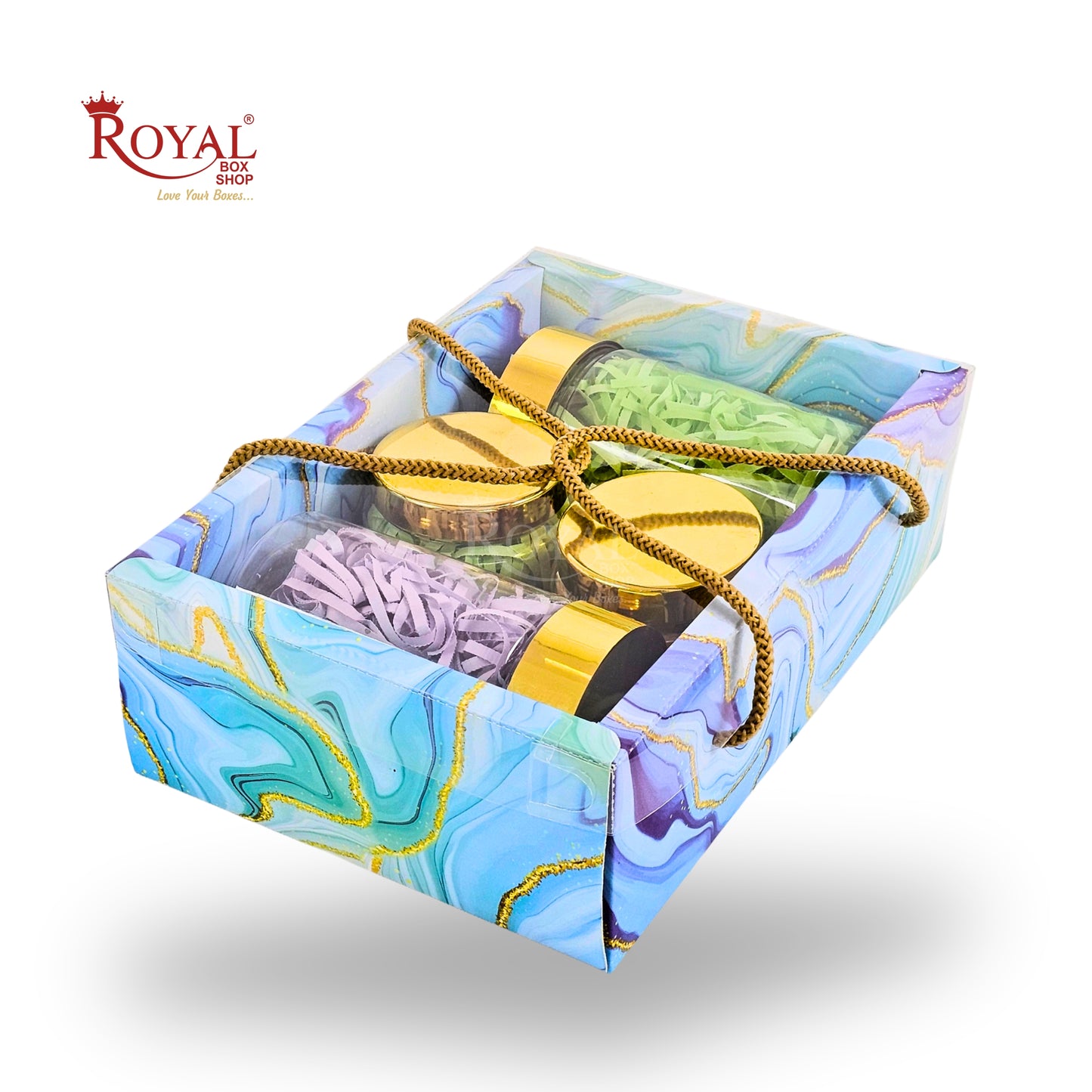 Premium Gift Hamper Bags with Transparent Lid | 10x6.75x3.5 inches | Blue Marble Print