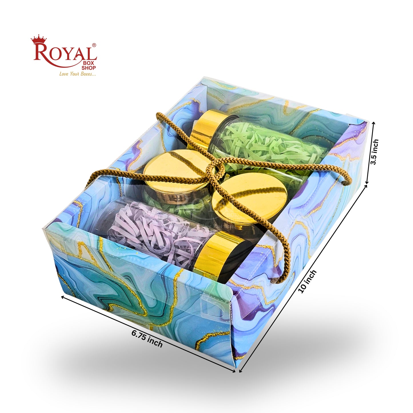 Premium Gift Hamper Bags with Transparent Lid | 10x6.75x3.5 inches | Blue Marble Print