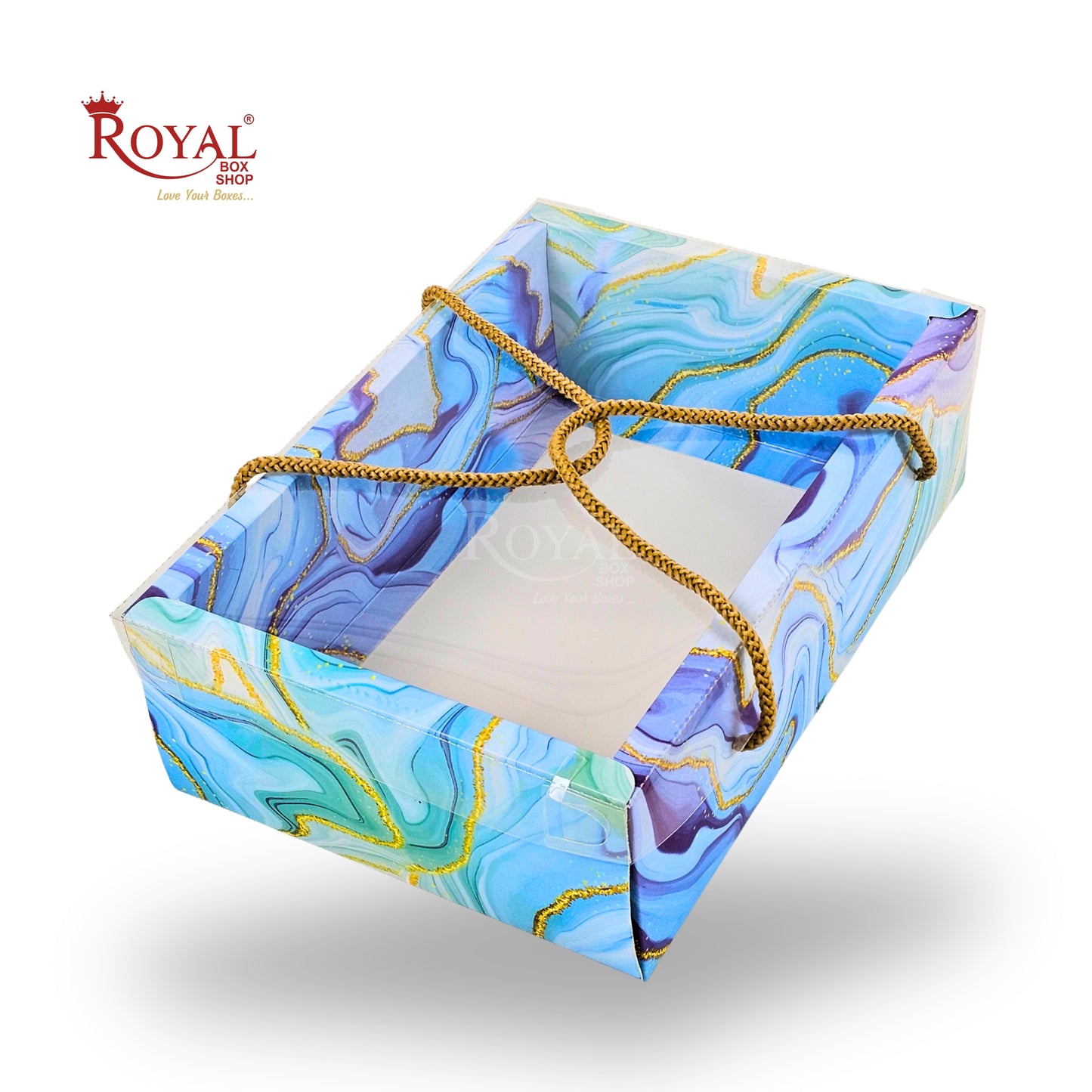 Premium Gift Hamper Bags with Transparent Lid | 10x6.75x3.5 inches | Blue Marble Print
