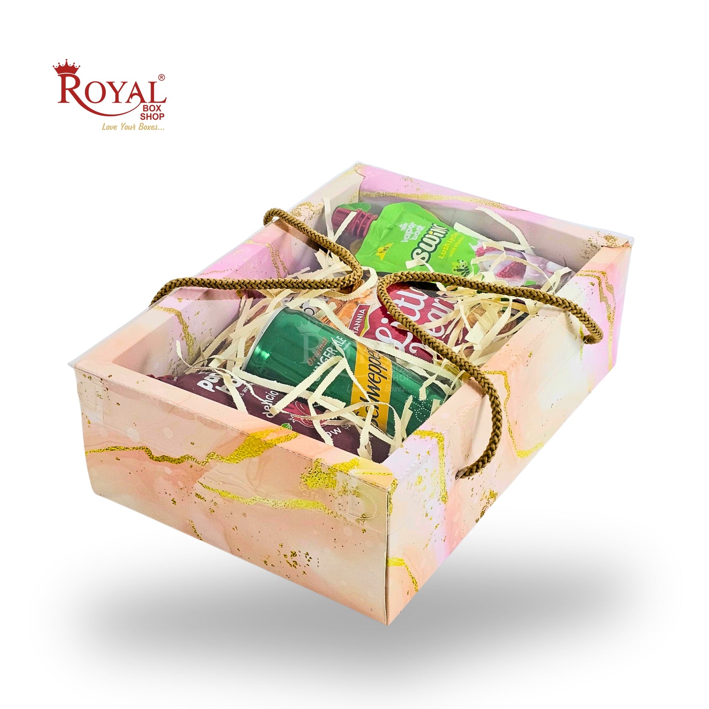 Premium Gift Hamper Bags with Transparent Lid | 10x6.75x3.5 inches | Pink Marble Print