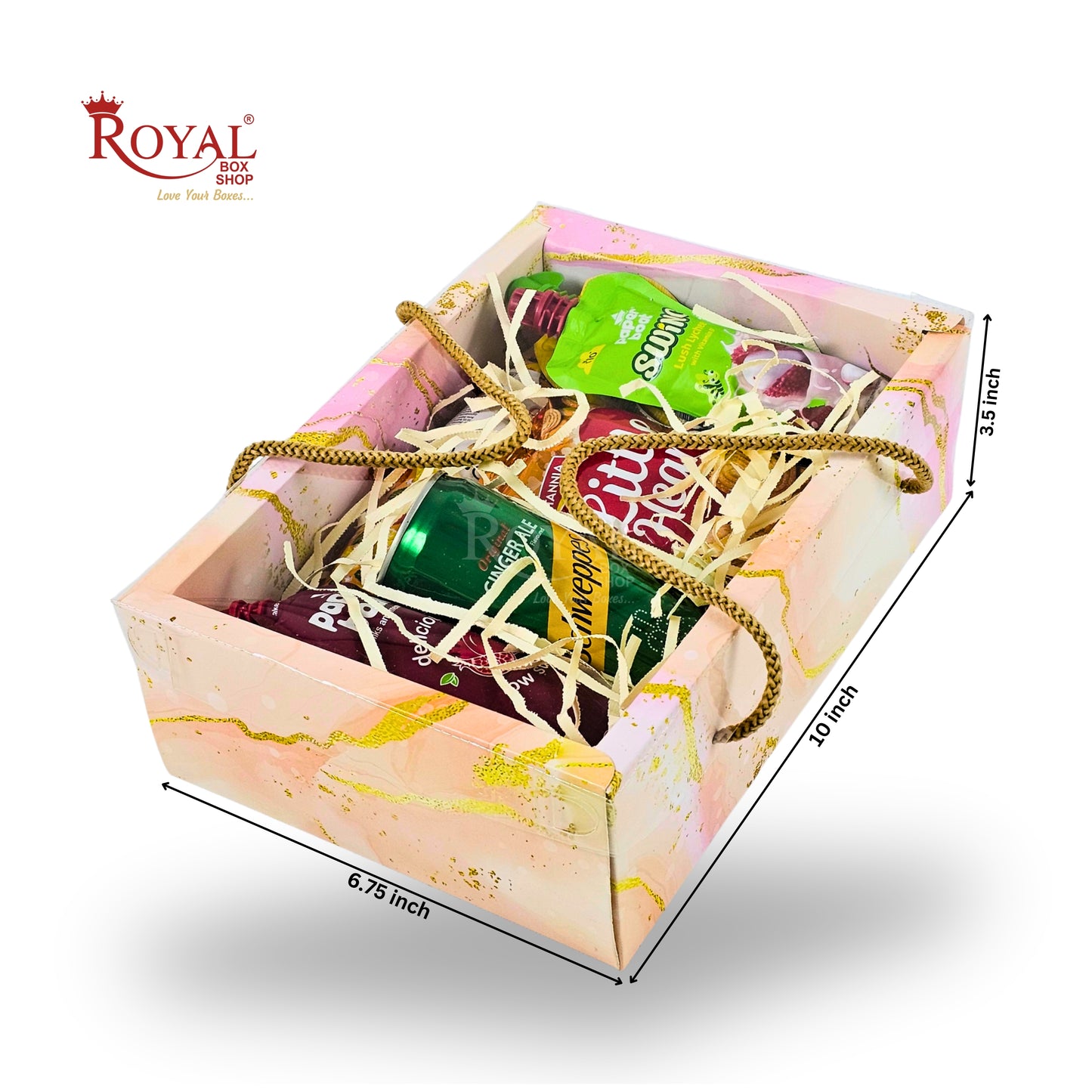 Premium Gift Hamper Bags with Transparent Lid | 10x6.75x3.5 inches | Pink Marble Print