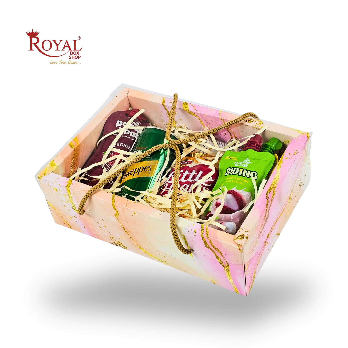 Premium Gift Hamper Bags with Transparent Lid | 10x6.75x3.5 inches | Pink Marble Print