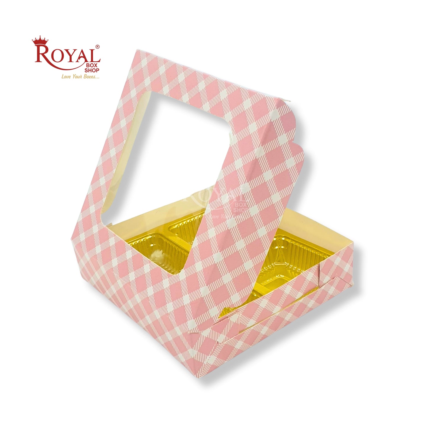 4 Cavity Chocolate Boxes with Window | 3.75 x 3.75 x 1 inches | Pink Check | B2B