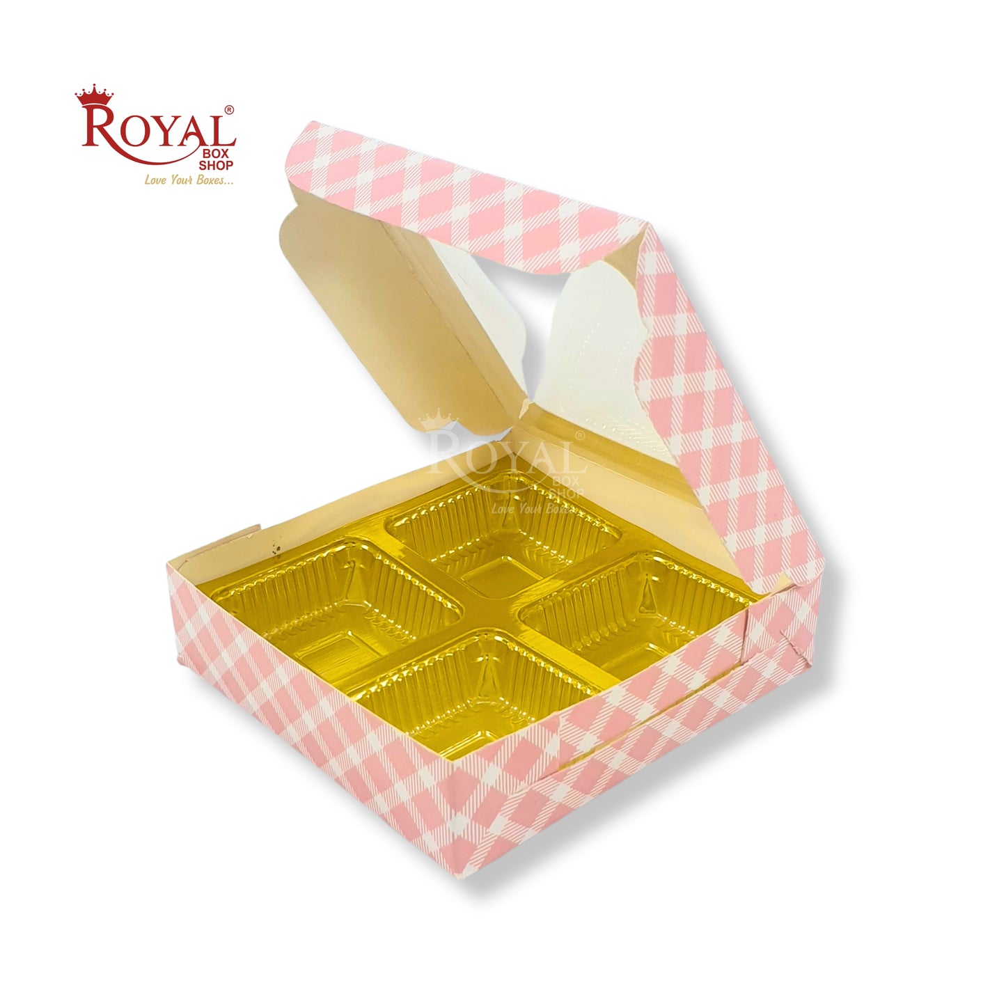 4 Cavity Chocolate Boxes with Window | 3.75 x 3.75 x 1 inches | Pink Check | B2B