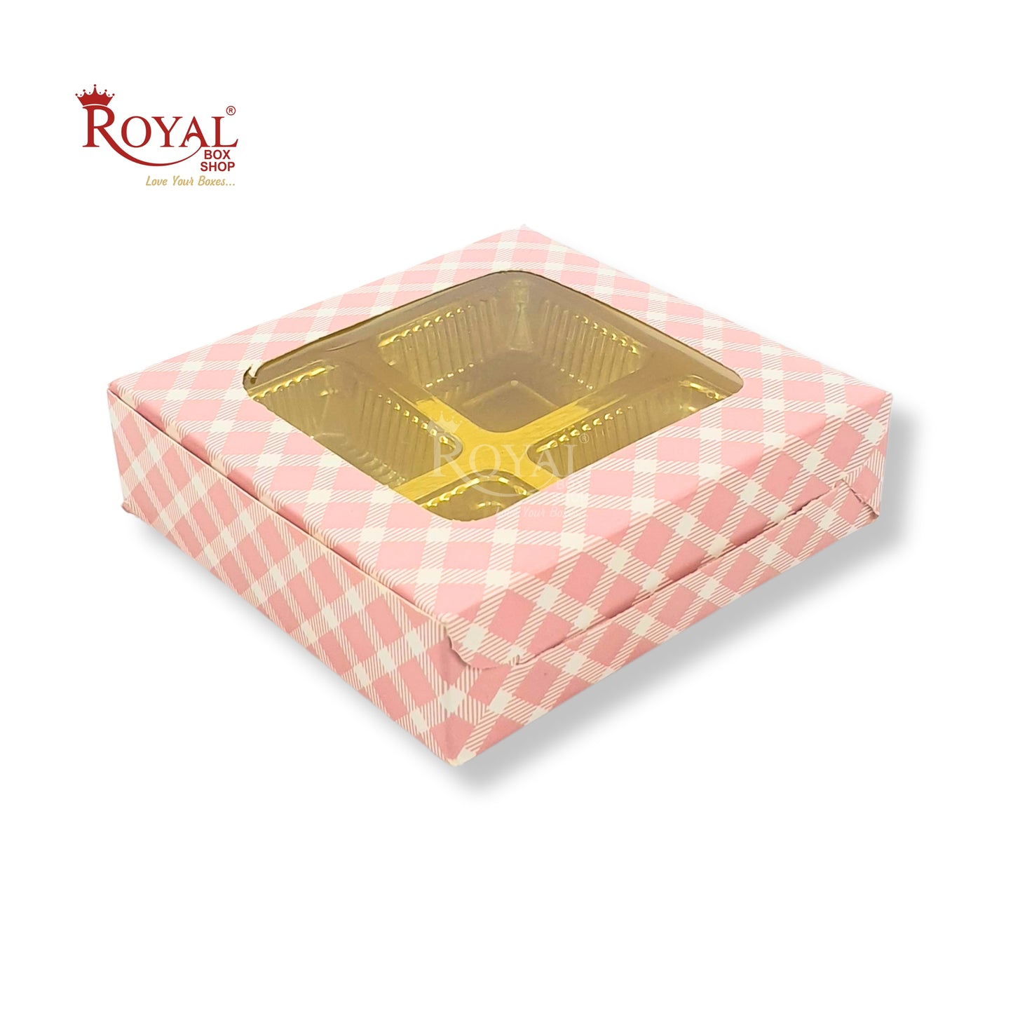 4 Cavity Chocolate Boxes with Window | 3.75 x 3.75 x 1 inches | Pink Check | B2B