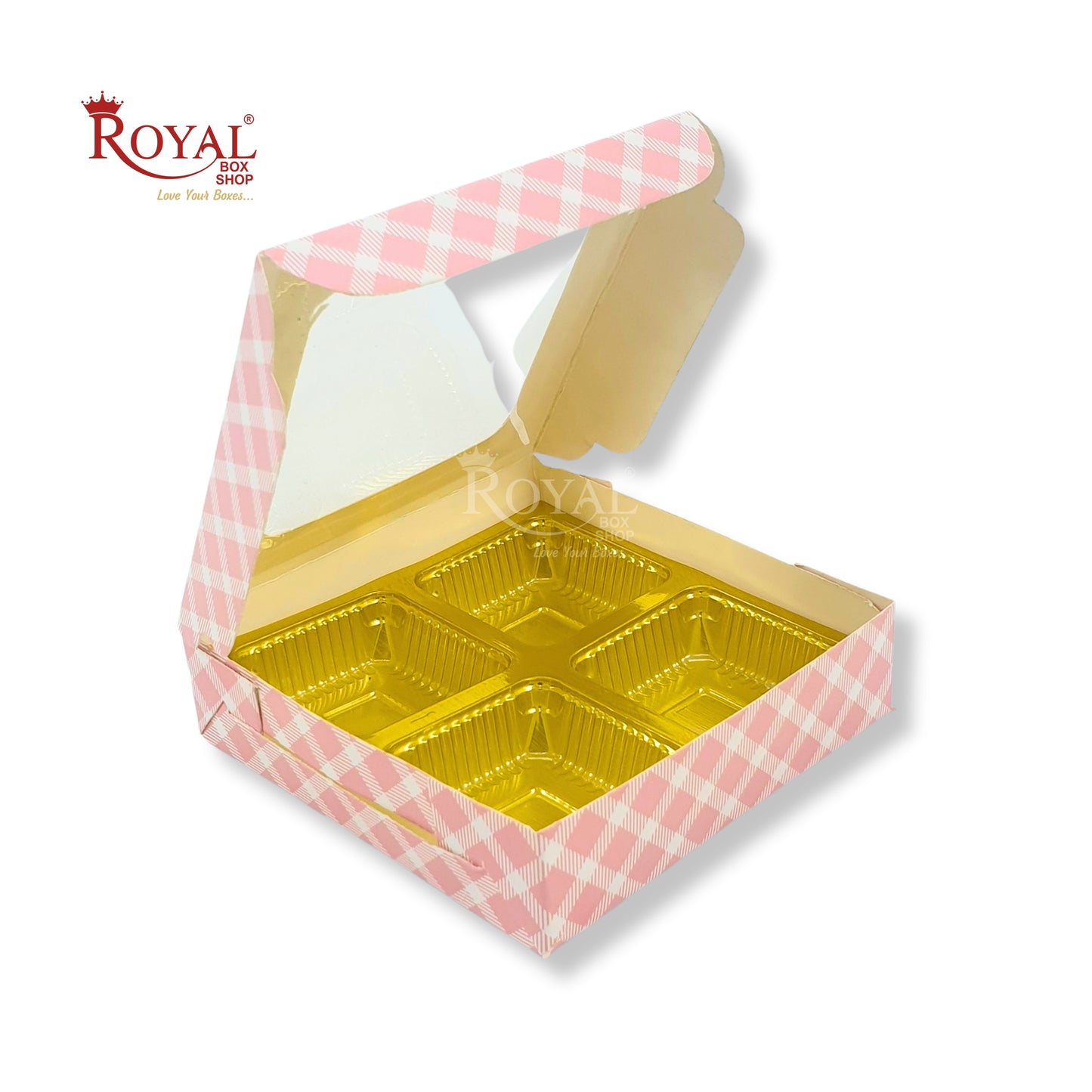 4 Cavity Chocolate Boxes with Window | 3.75 x 3.75 x 1 inches | Pink Check | B2B