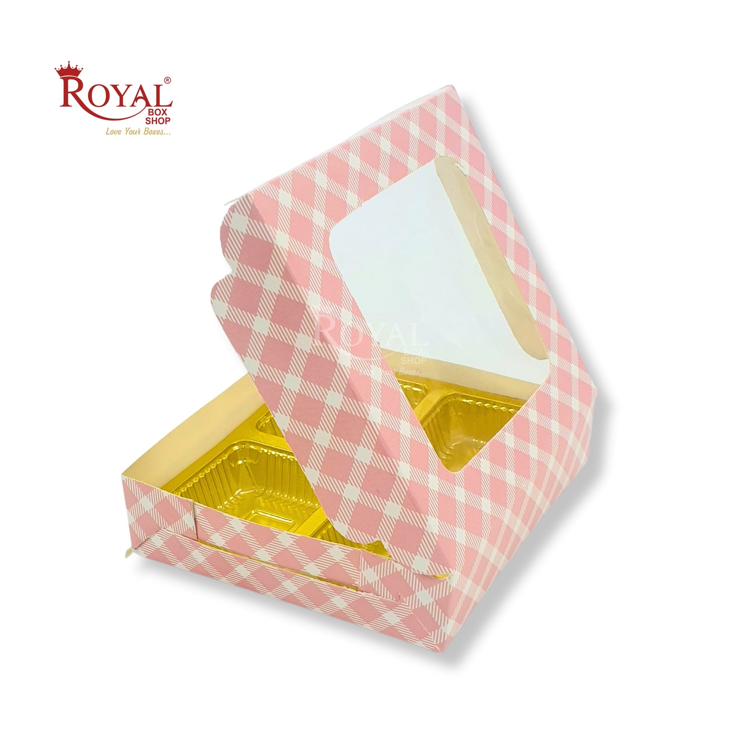 4 Cavity Chocolate Boxes with Window | 3.75 x 3.75 x 1 inches | Pink Check | B2B