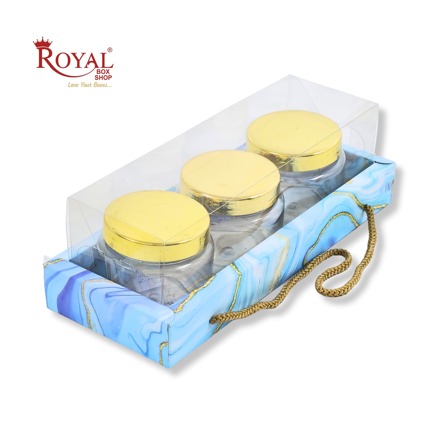 3 Mason Jar Gift Hamper Box With Thread | 10.5x3.5x3.5 Inches | Blue Marble Print