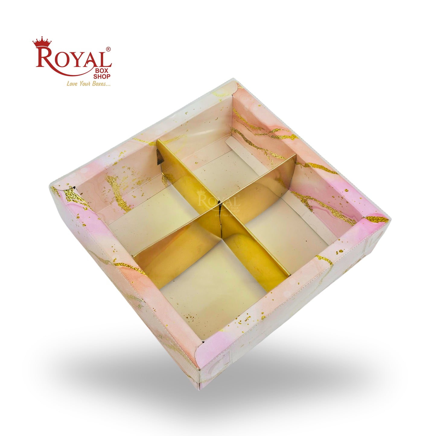 4pc Brownie Hamper Box with Transparent Lid | 6x6x2 inches | Pink Marble Print