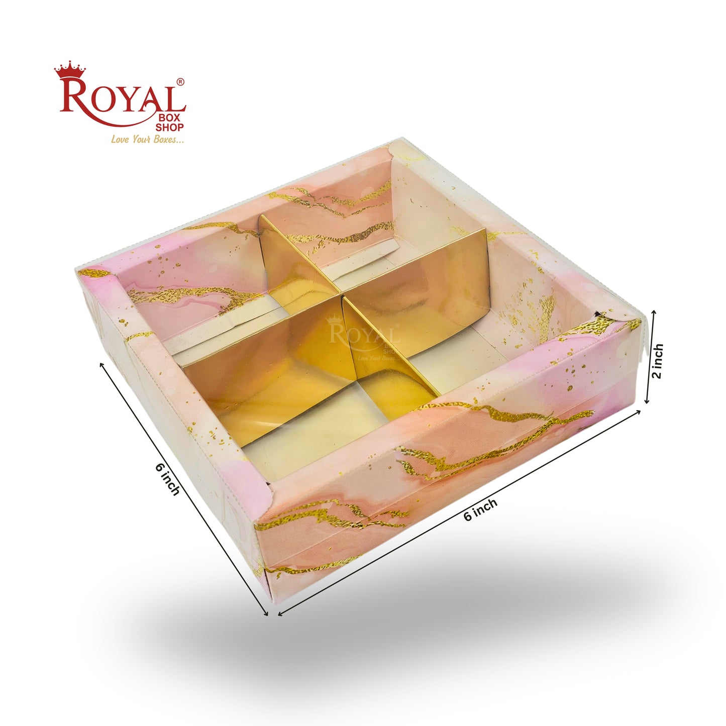 4pc Brownie Hamper Box with Transparent Lid | 6x6x2 inches | Pink Marble Print