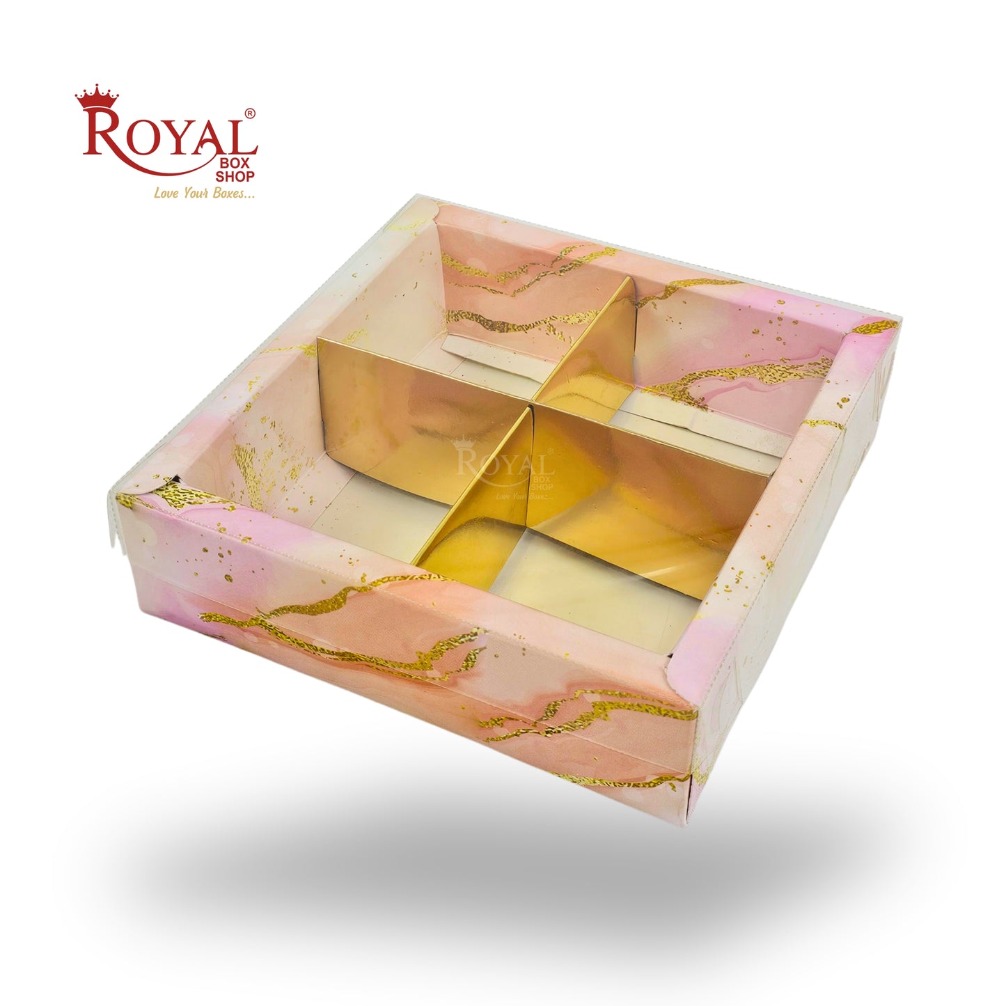 4pc Brownie Hamper Box with Transparent Lid | 6x6x2 inches | Pink Marble Print