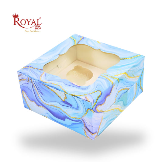 4 Cupcake Box With Window | 7x7x3.5 Inch | Blue Marble Print | FBB