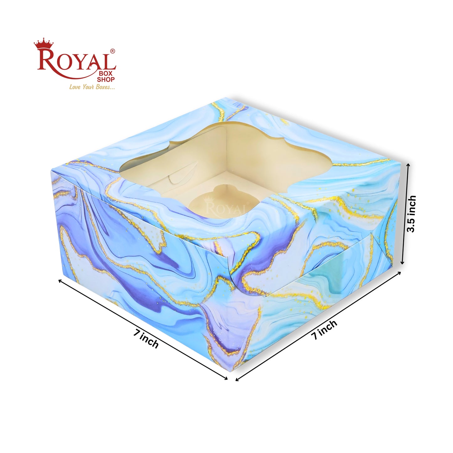 4 Cupcake Box With Window | 7x7x3.5 Inch | Blue Marble Print | FBB