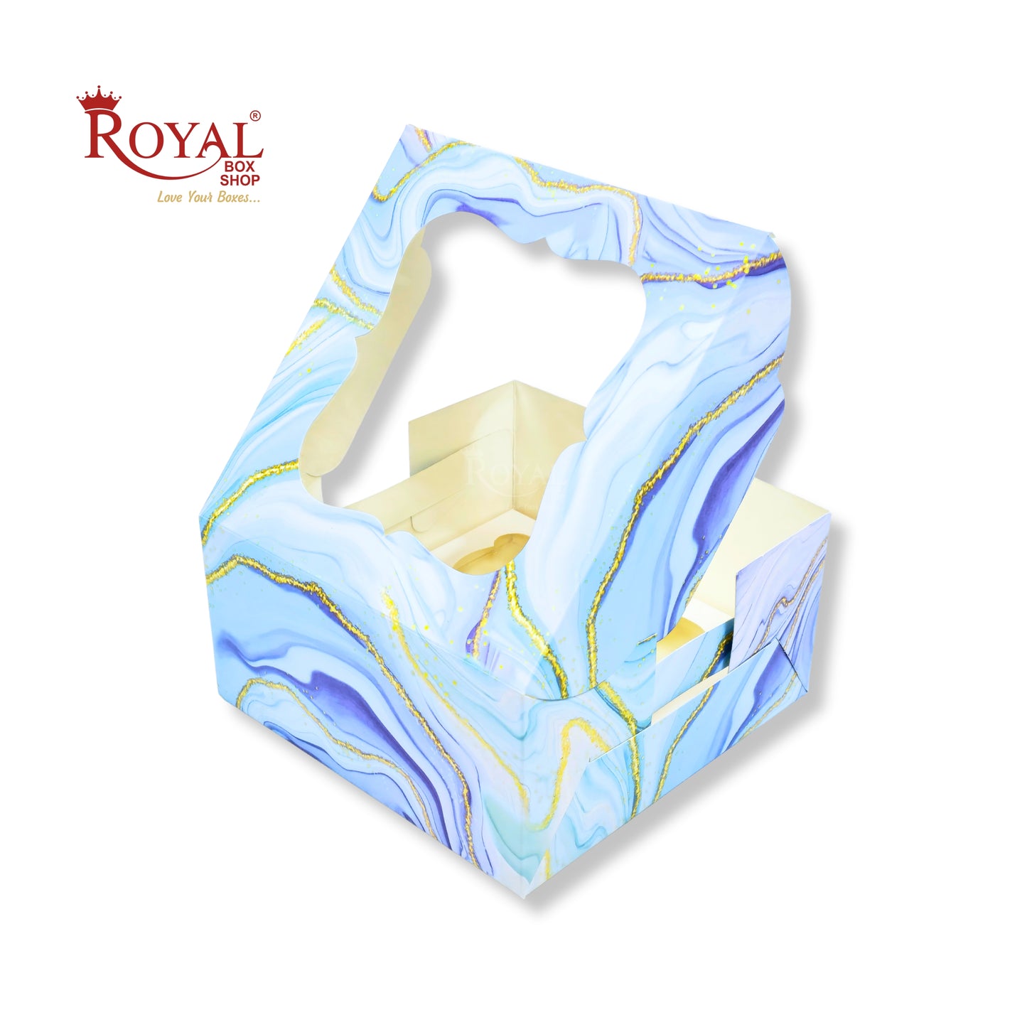 4 Cupcake Box With Window | 7x7x3.5 Inch | Blue Marble Print | FBB