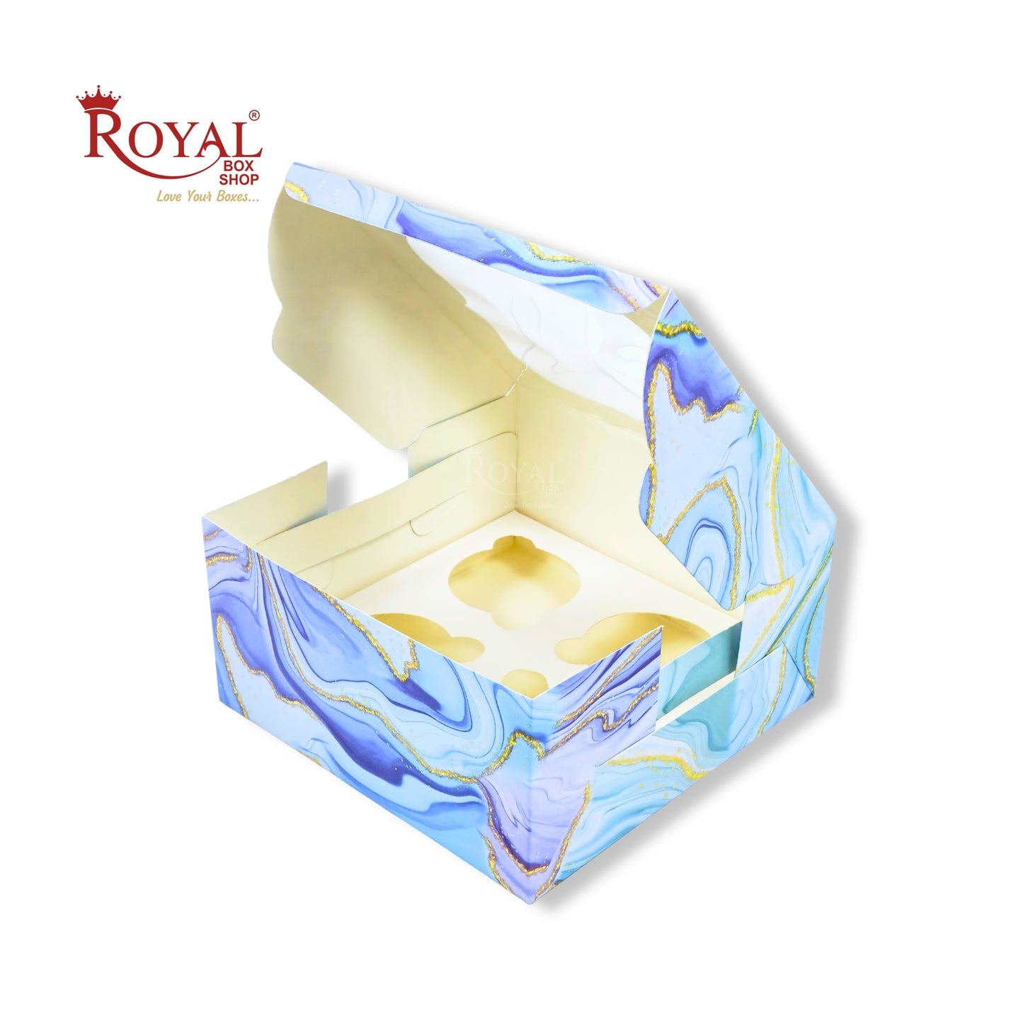 4 Cupcake Box With Window | 7x7x3.5 Inch | Blue Marble Print | FBB