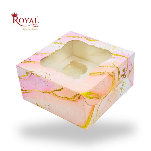 4 Cupcake Box With Window | 7x7x3.5 Inch | Pink Marble Print | FBB