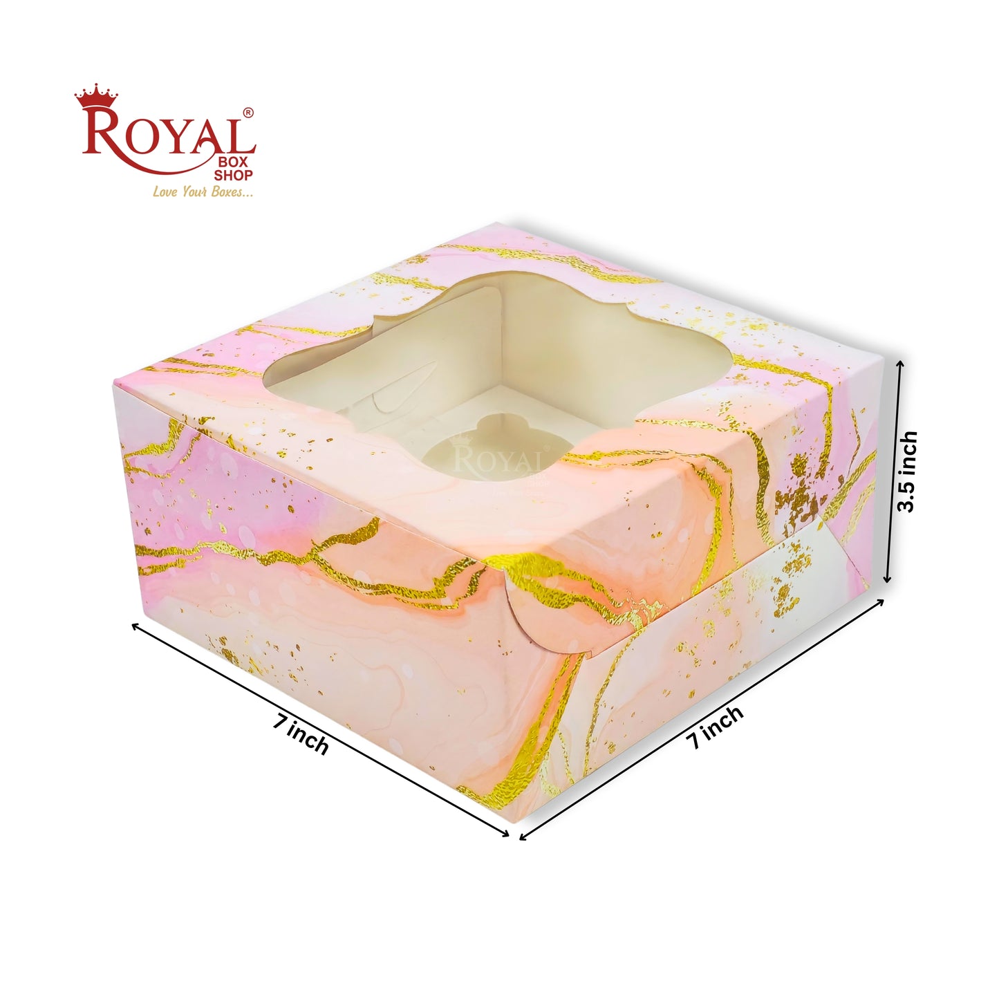 4 Cupcake Box With Window | 7x7x3.5 Inch | Pink Marble Print | FBB