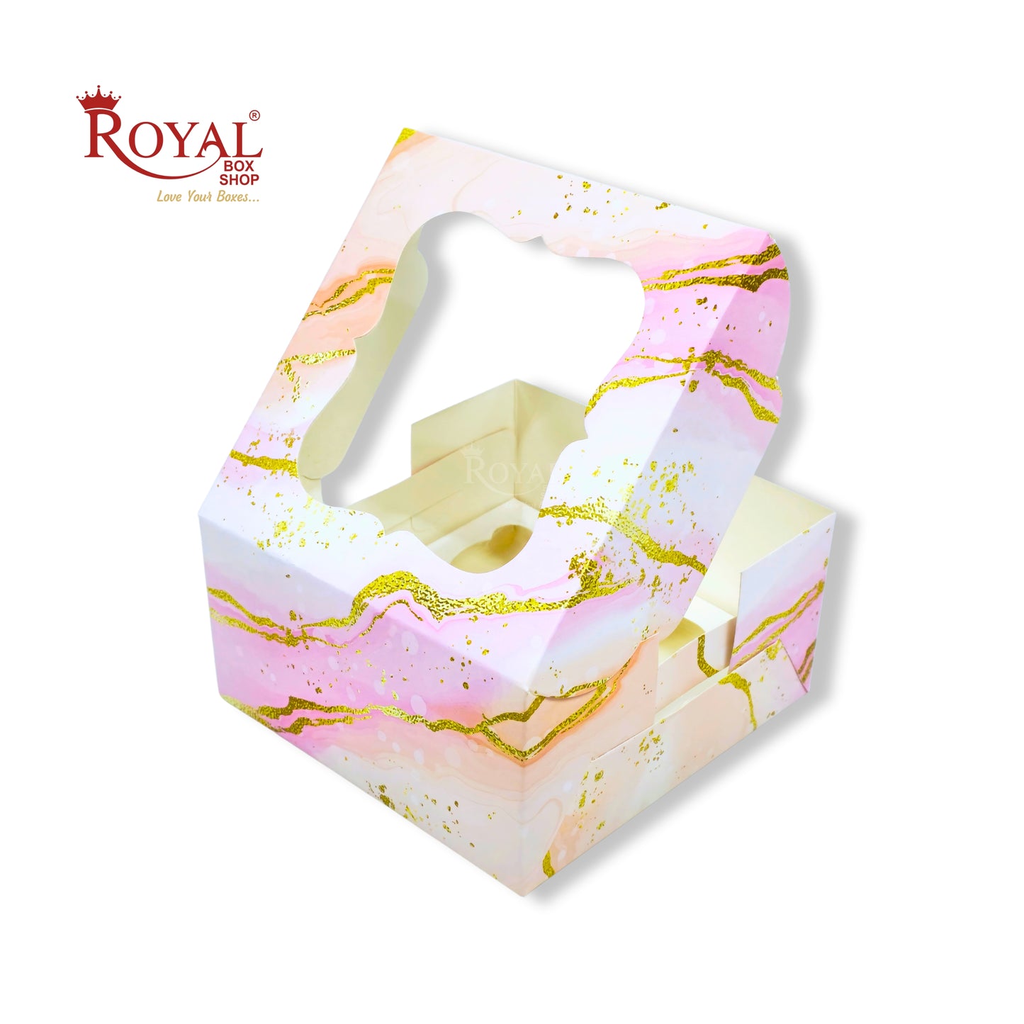 4 Cupcake Box With Window | 7x7x3.5 Inch | Pink Marble Print | FBB