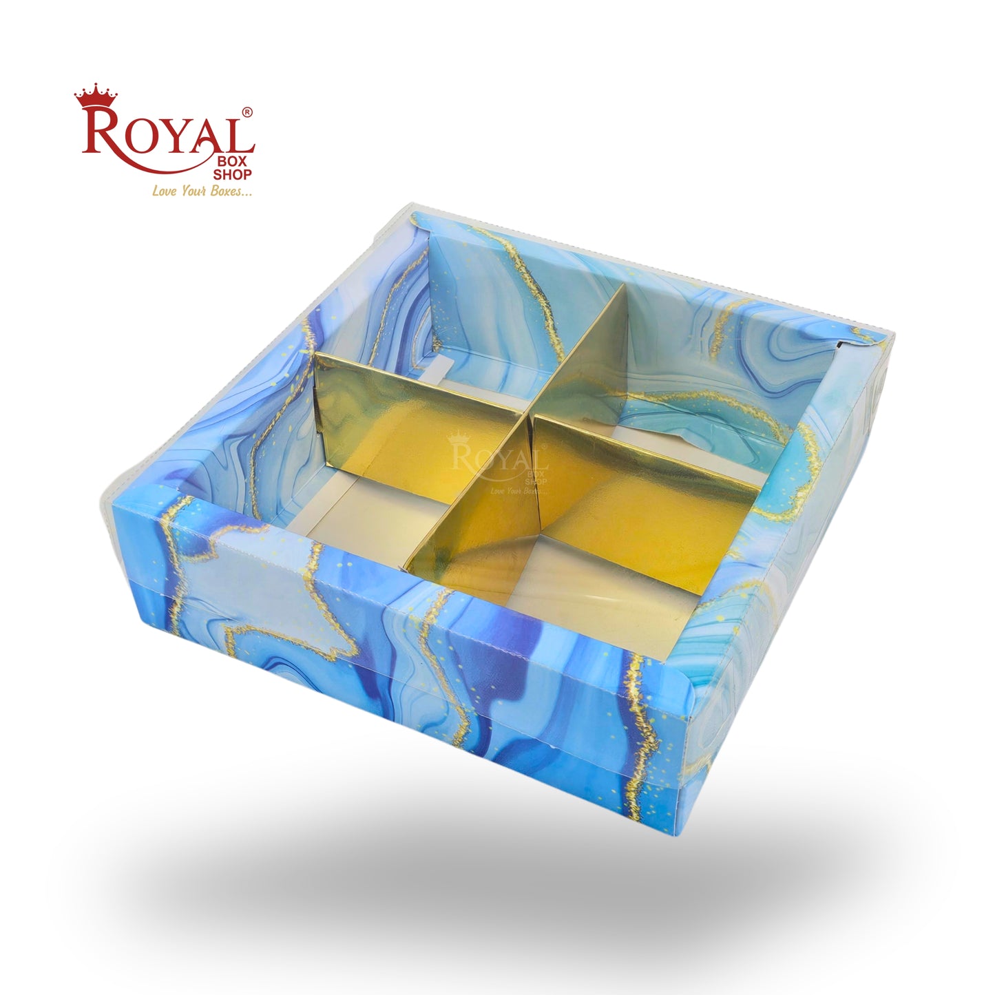 4pc Brownie Hamper Box with Transparent Lid | 6x6x2 inches | Blue Marble Print