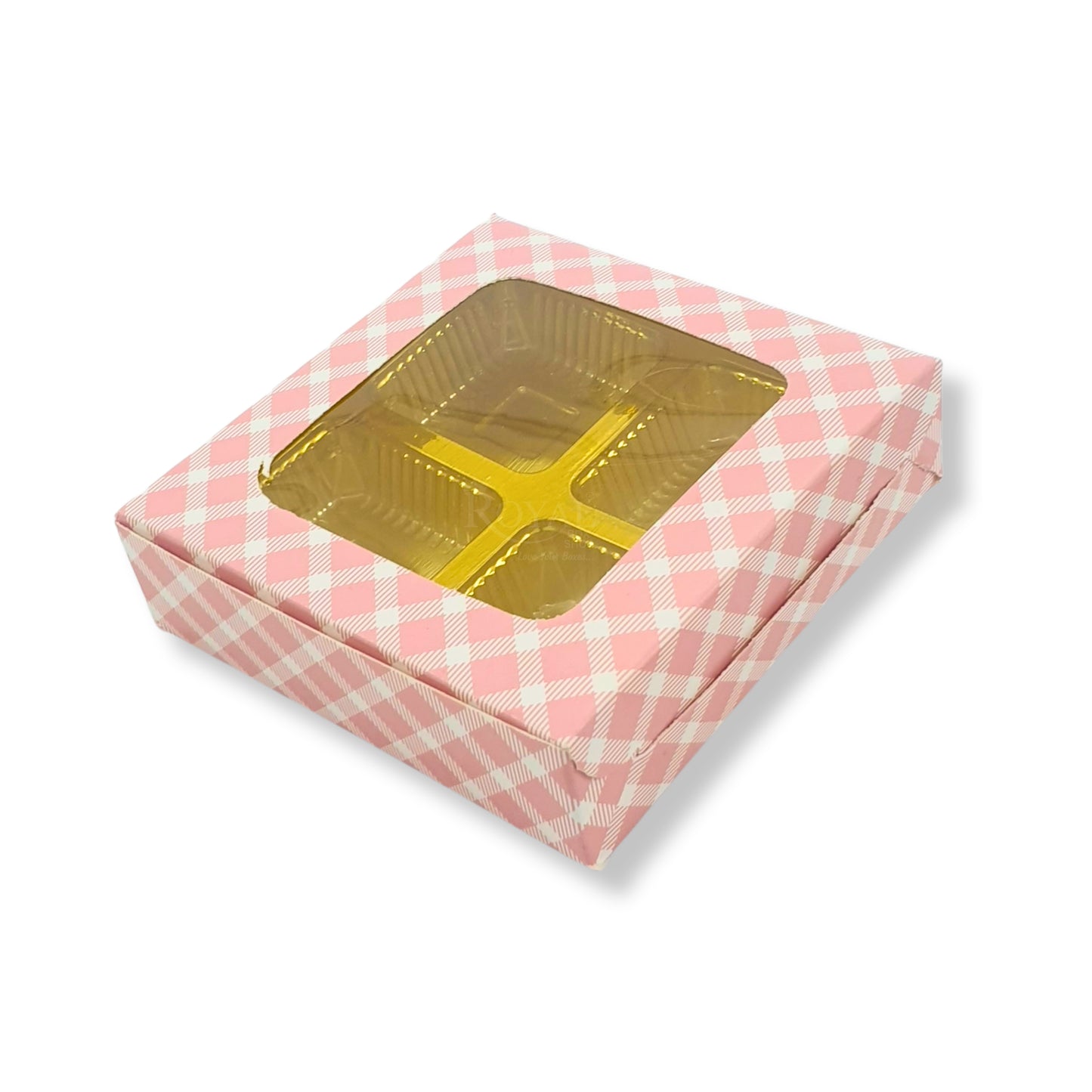 4 Cavity Chocolate Boxes with Window | 3.75 x 3.75 x 1 inches | Pink Check | B2B