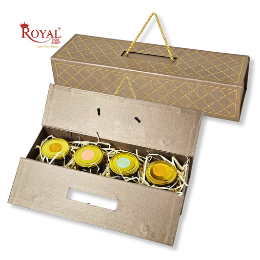 Premium 4 Jar Rigid Hamper Box I RBK-163 I Brown with Golden Foiling Print