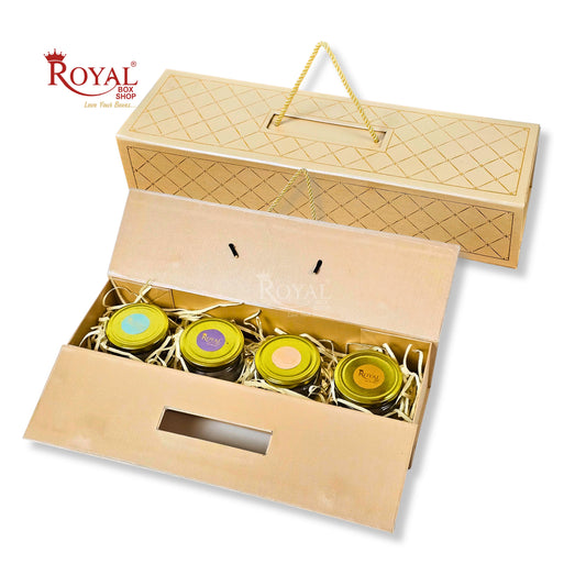 Premium 4 Jar Rigid Hamper Box I RBK-163 I Cream with Golden Foiling Print