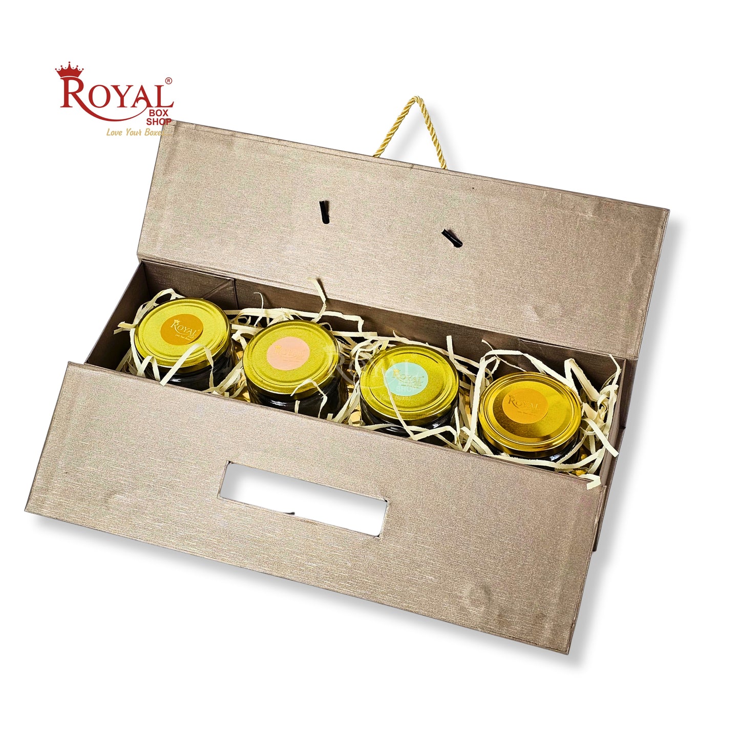 Premium 4 Jar Rigid Hamper Box I RBK-163 I Brown with Golden Foiling Print