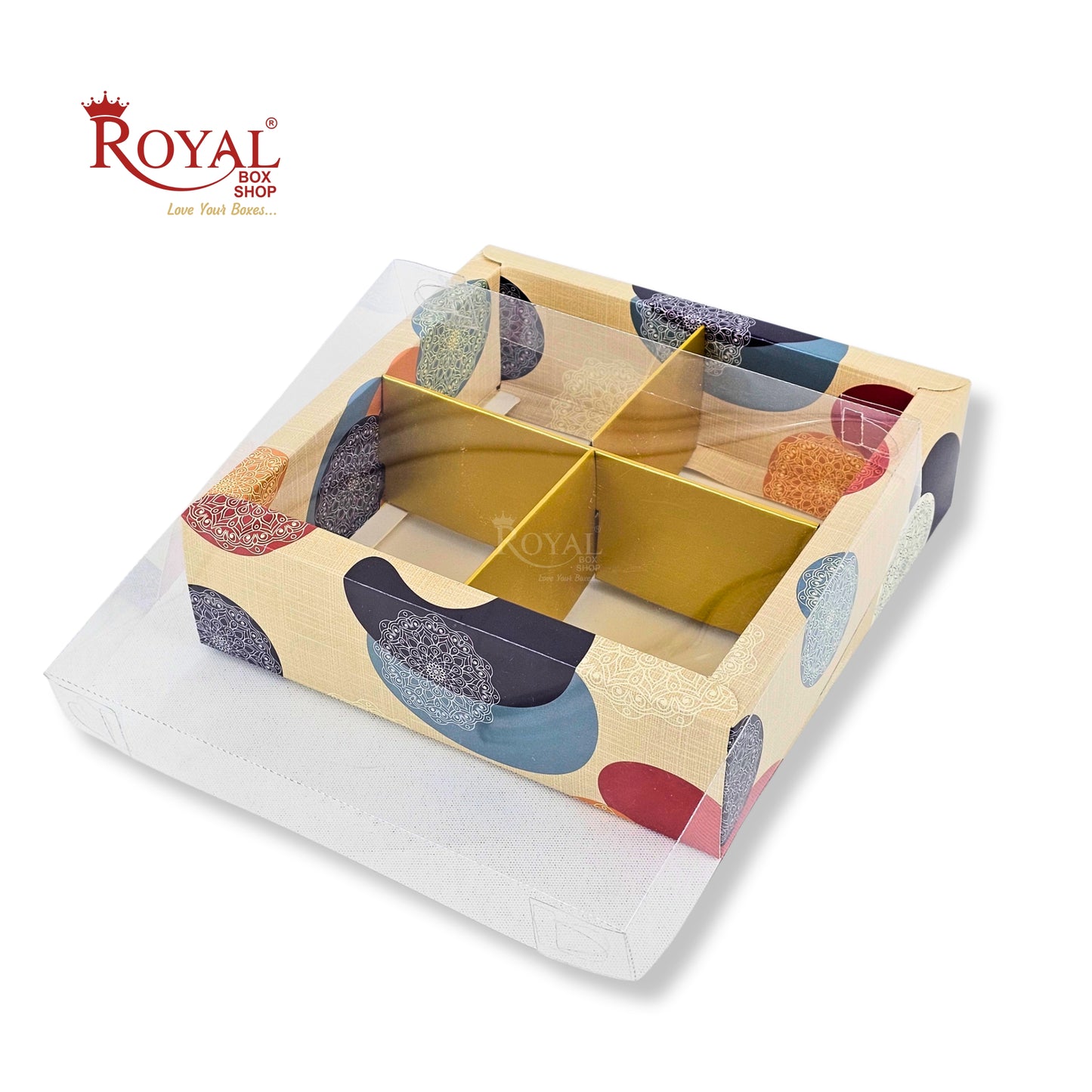 4pc Brownie Hamper Box with Transparent Lid | 6x6x2 inches | Cream Mandala print