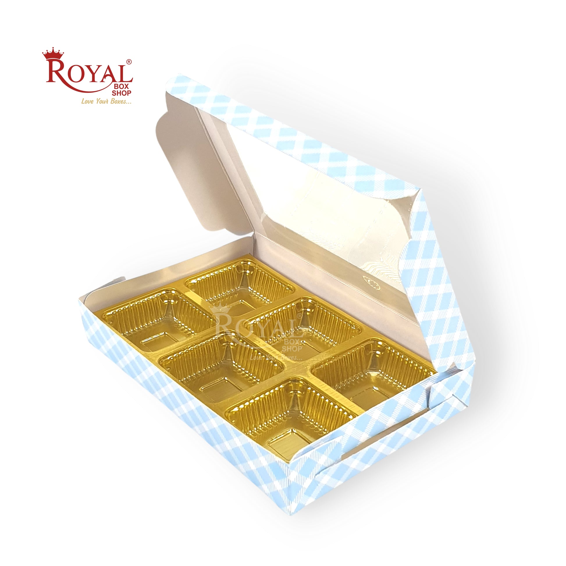 6 Cavity Chocolate Boxes I 5.75 x 4 x 1 inches I Blue Check Royal Box Shop