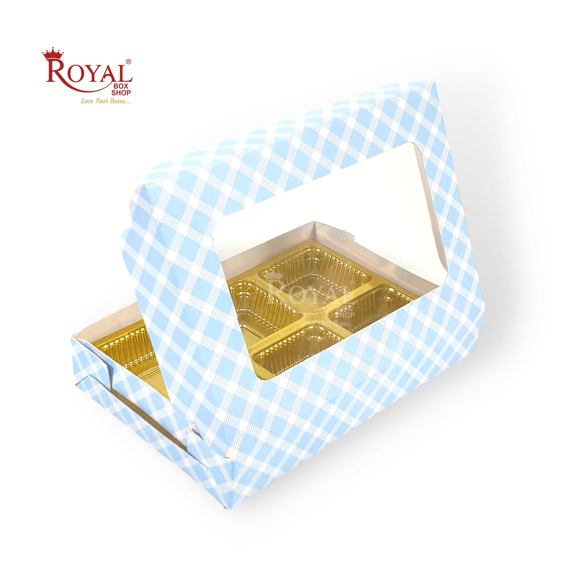 6 Cavity Chocolate Boxes I 5.75 x 4 x 1 inches I Blue Check Royal Box Shop