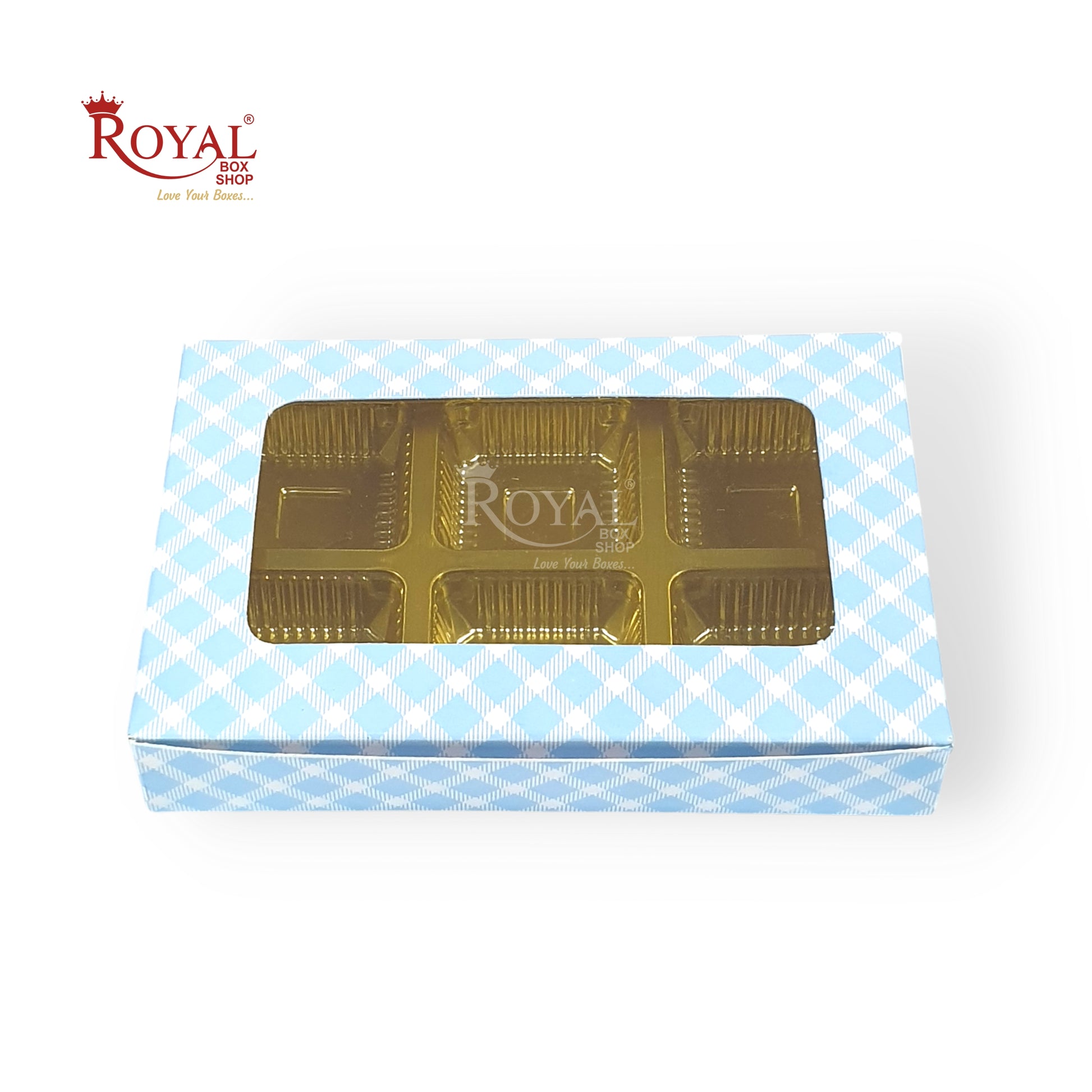 6 Cavity Chocolate Boxes I 5.75 x 4 x 1 inches I Blue Check Royal Box Shop