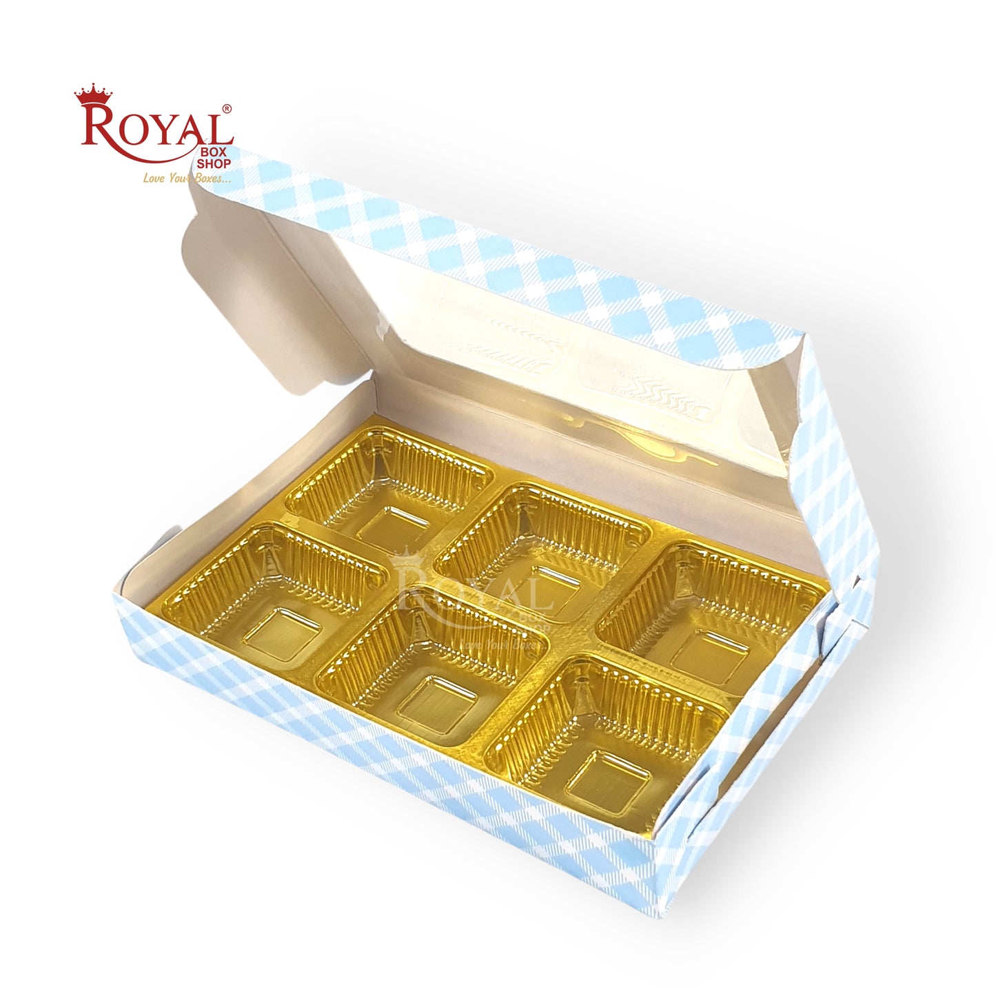 6 Cavity Chocolate Boxes I 5.75 x 4 x 1 inches I Blue Check Royal Box Shop