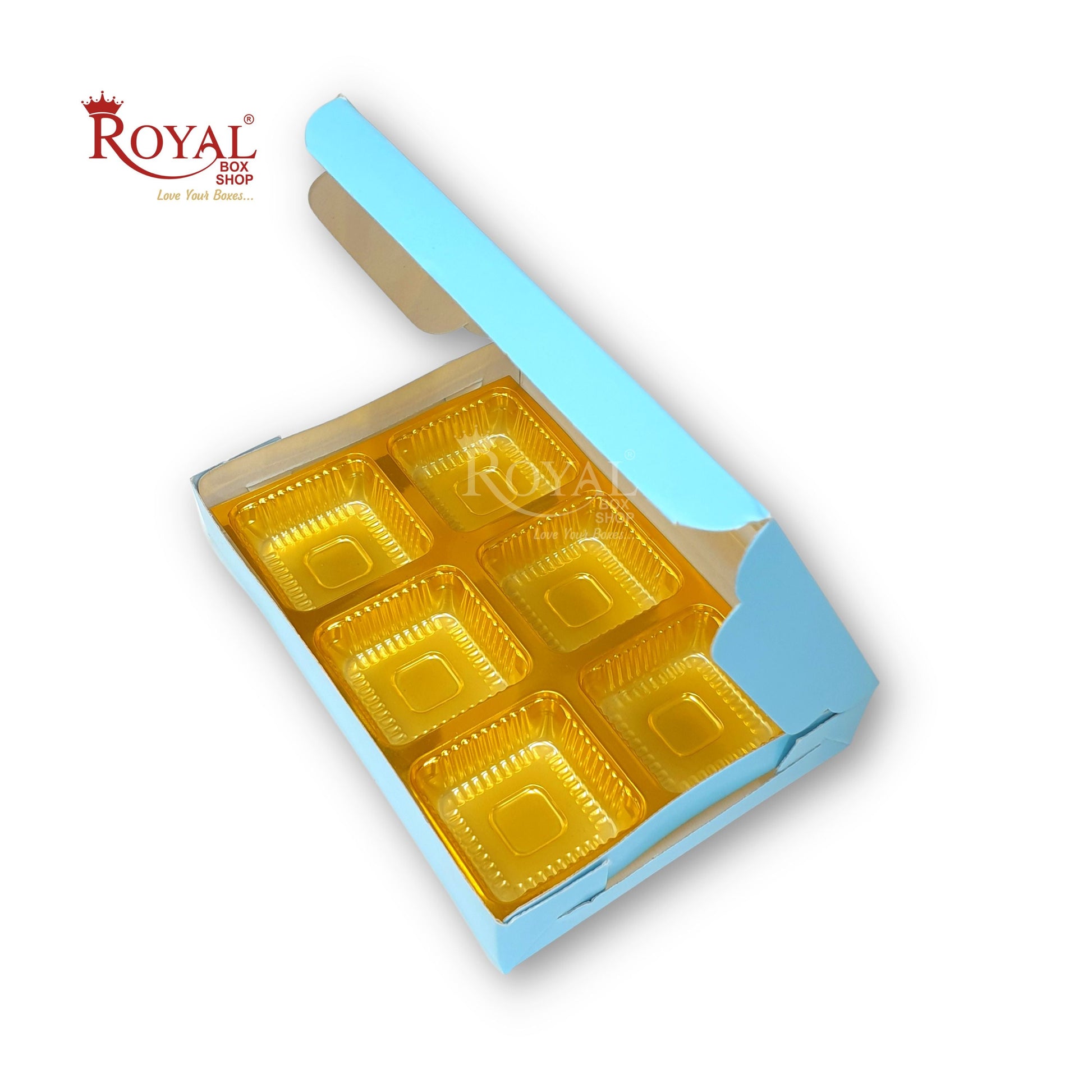 6 Cavity Chocolate Boxes I 5.75 x 4 x 1 inches I Blue Solid Color Royal Box Shop