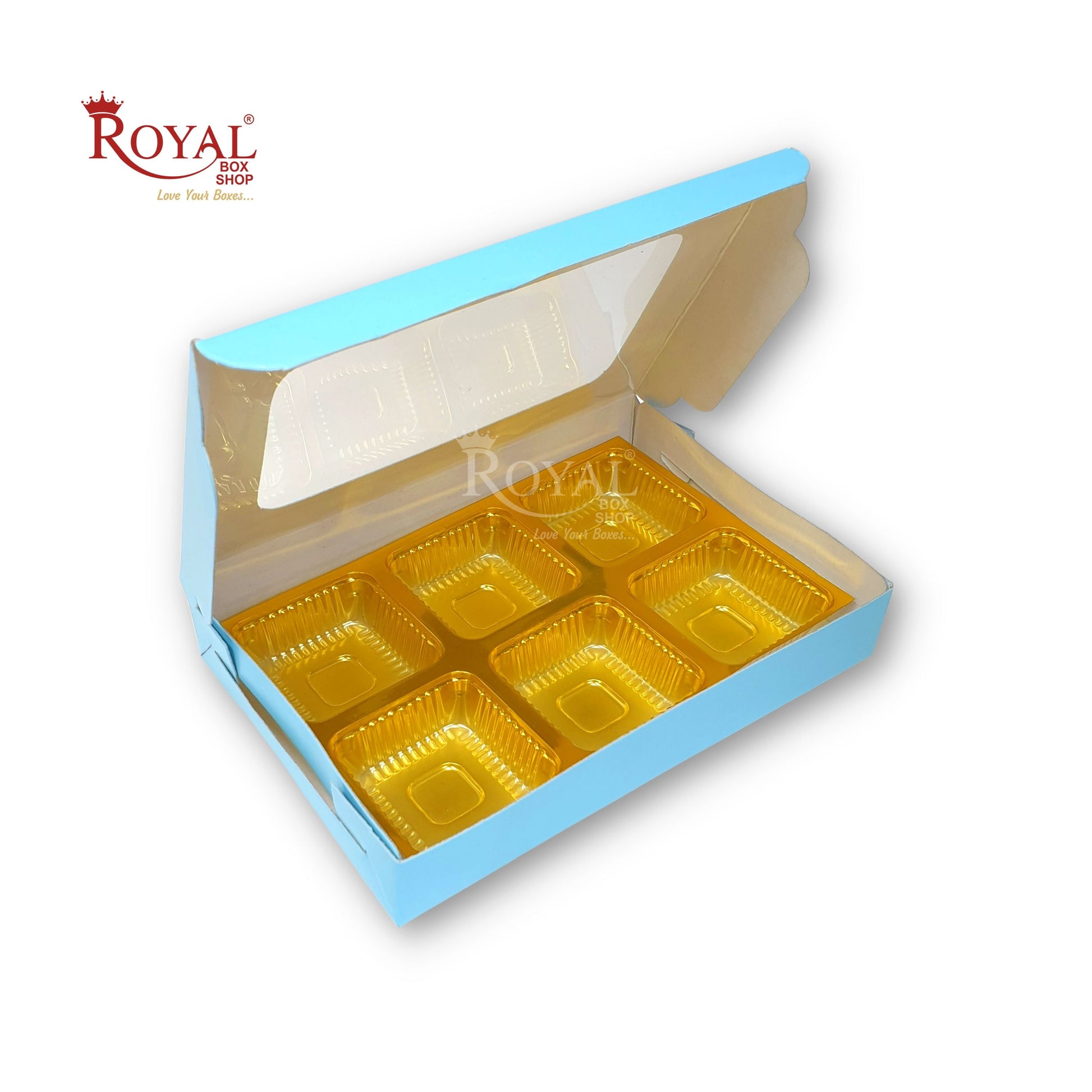 6 Cavity Chocolate Boxes I 5.75 x 4 x 1 inches I Blue Solid Color Royal Box Shop