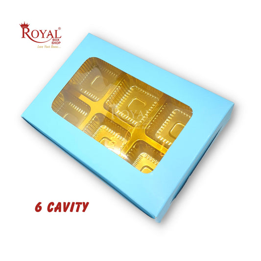 6 Cavity Chocolate Boxes I 5.75 x 4 x 1 inches I Blue Solid Color Royal Box Shop