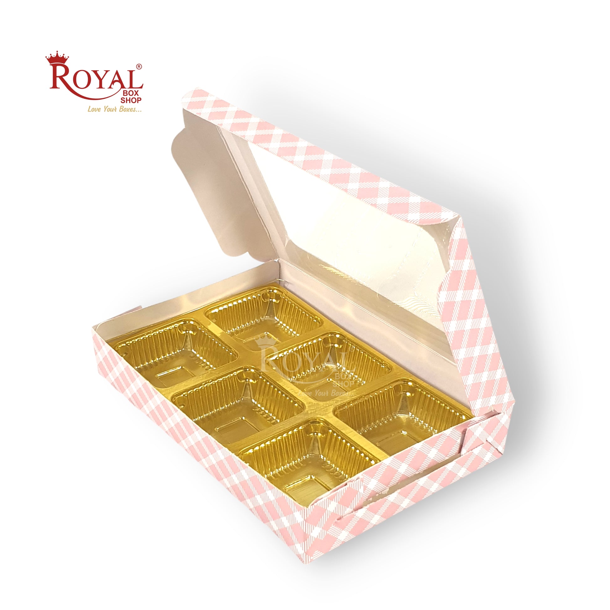 6 Cavity Chocolate Boxes I 5.75 x 4 x 1 inches I Pink Check Royal Box Shop