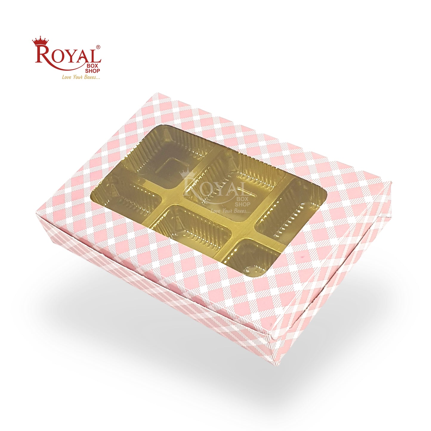 6 Cavity Chocolate Boxes I 5.75 x 4 x 1 inches I Pink Check Royal Box Shop