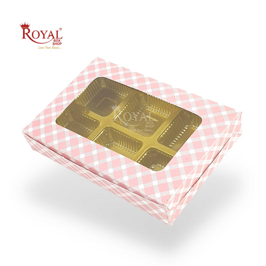 6 Cavity Chocolate Boxes I 5.75 x 4 x 1 inches I Pink Check Royal Box Shop