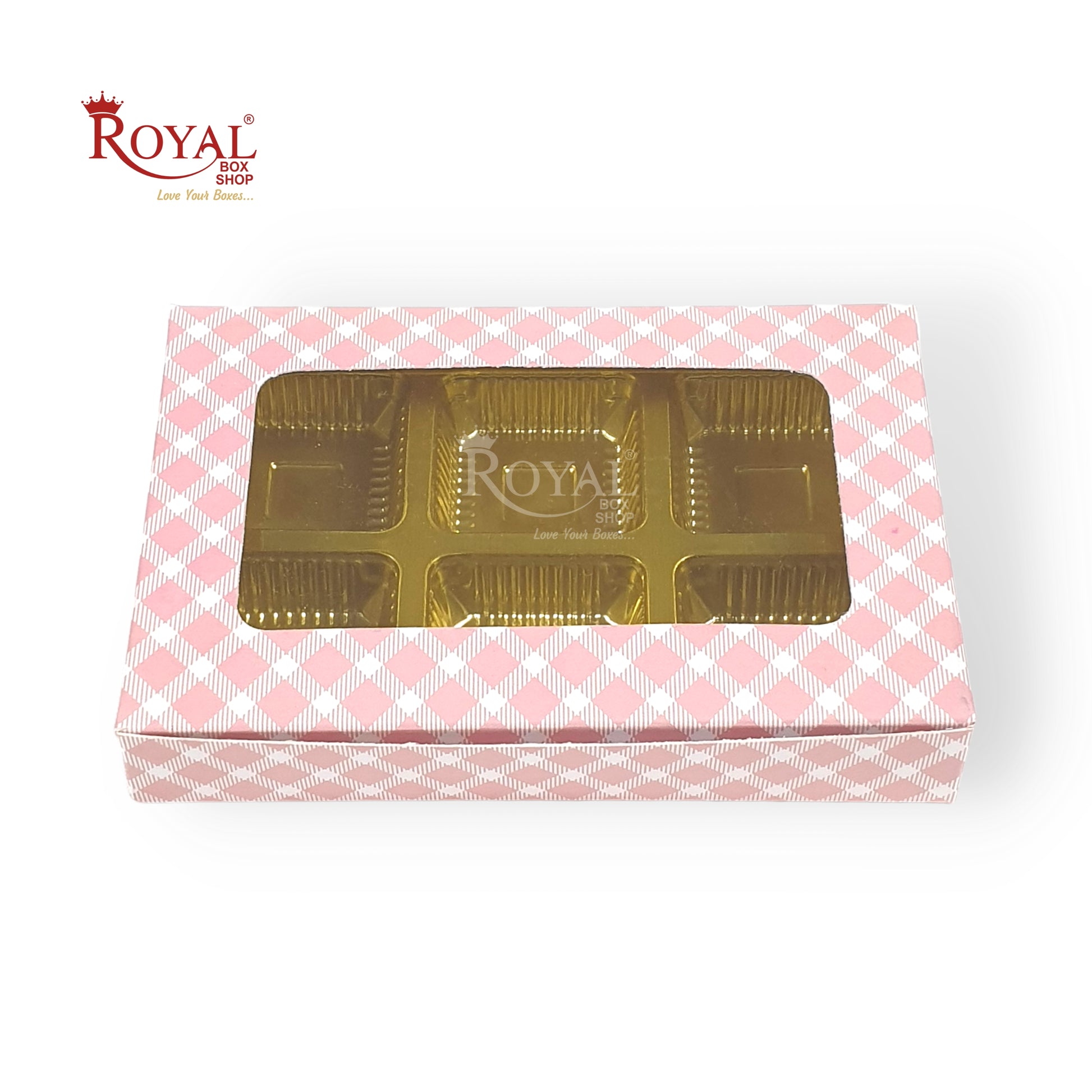 6 Cavity Chocolate Boxes I 5.75 x 4 x 1 inches I Pink Check Royal Box Shop