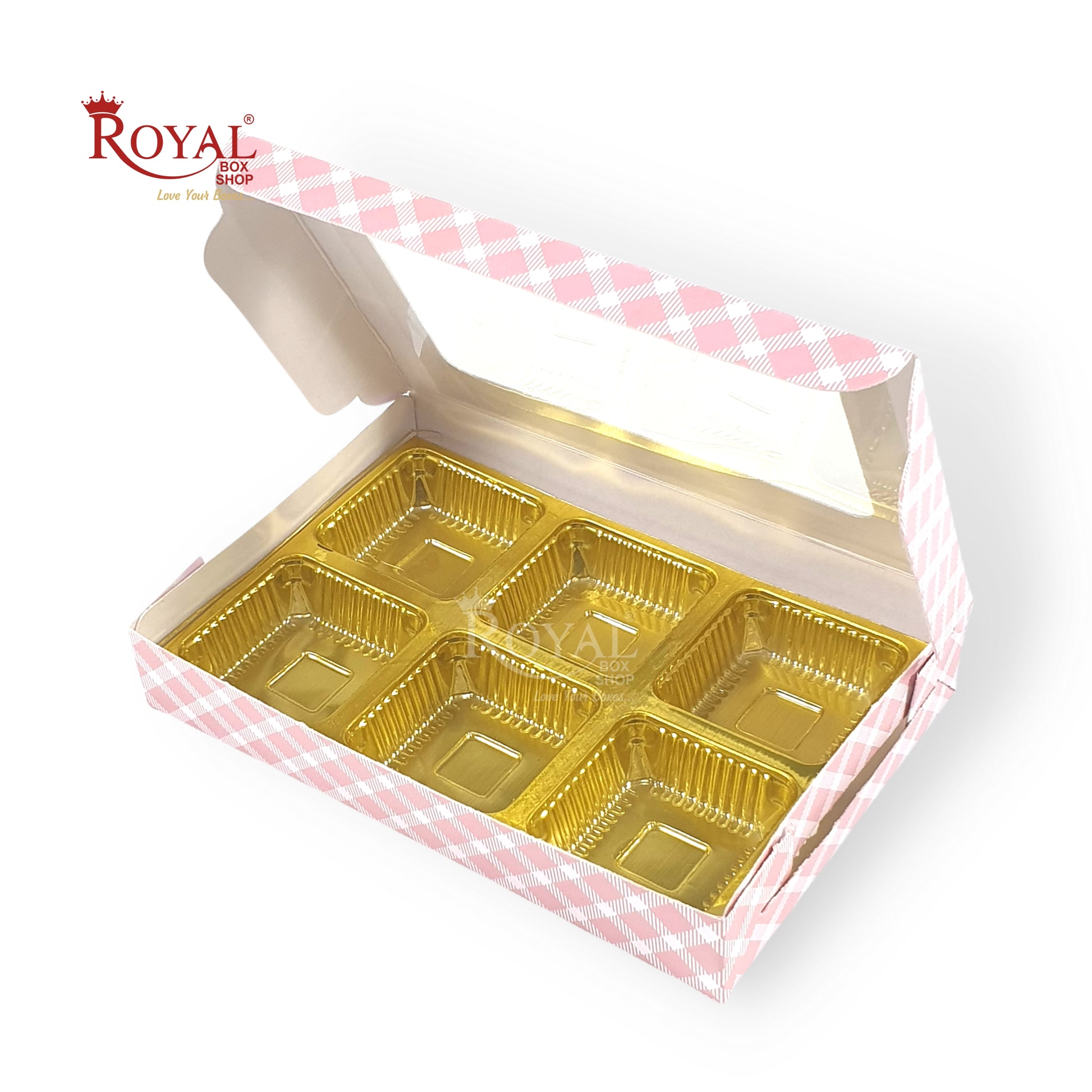 6 Cavity Chocolate Boxes I 5.75 x 4 x 1 inches I Pink Check Royal Box Shop