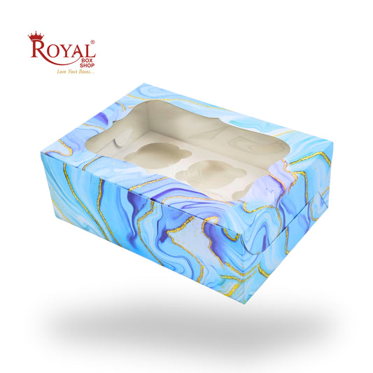 6pc Cupcake Box With Window | 10x7x3.5 Inch | Blue Marble Print | FBB