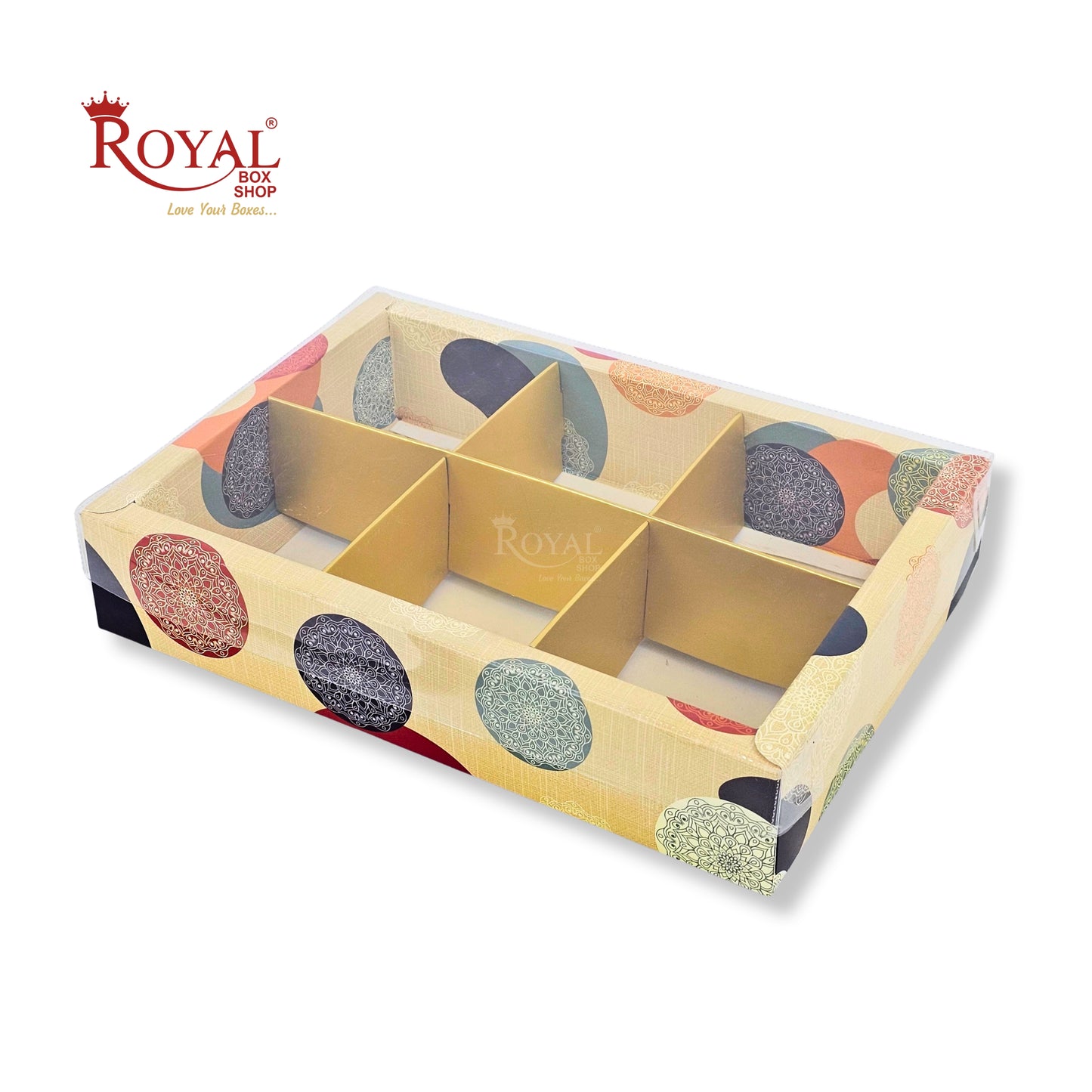 6pc Brownie Hamper Box with Transparent Lid | 9x6x2 inches | Cream Mandala Print