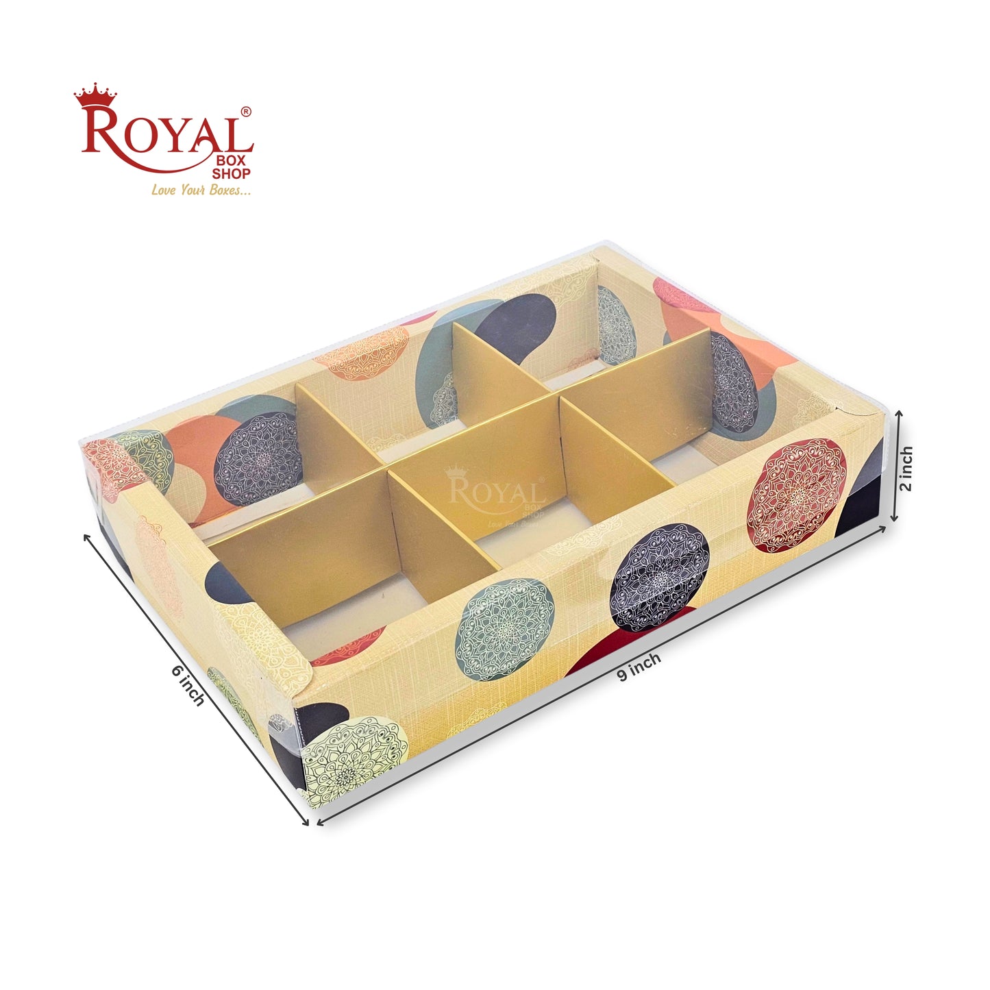 6pc Brownie Hamper Box with Transparent Lid | 9x6x2 inches | Cream Mandala Print