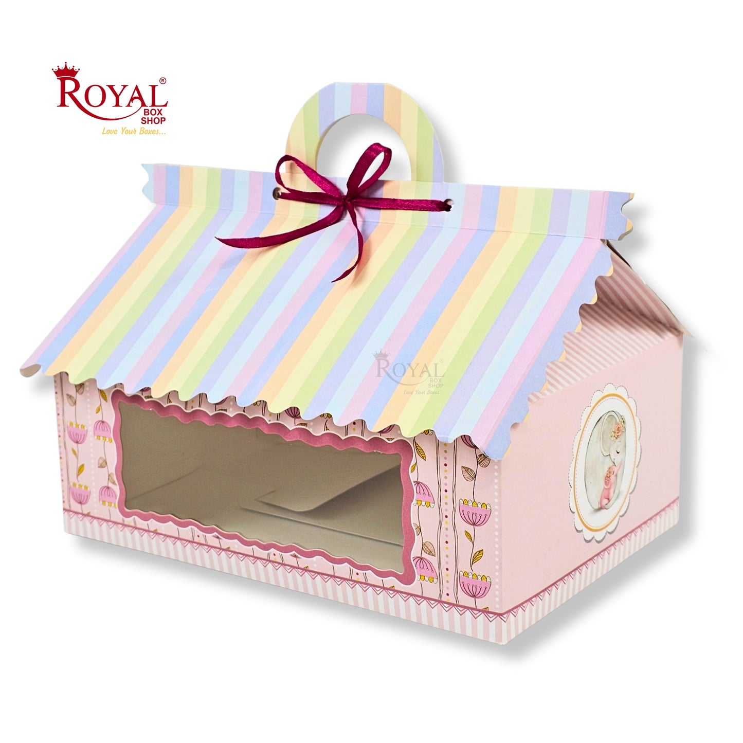 6cc Hut Shape Gift Boxes | 10x7x4 Inch | Elephant Theme Pink