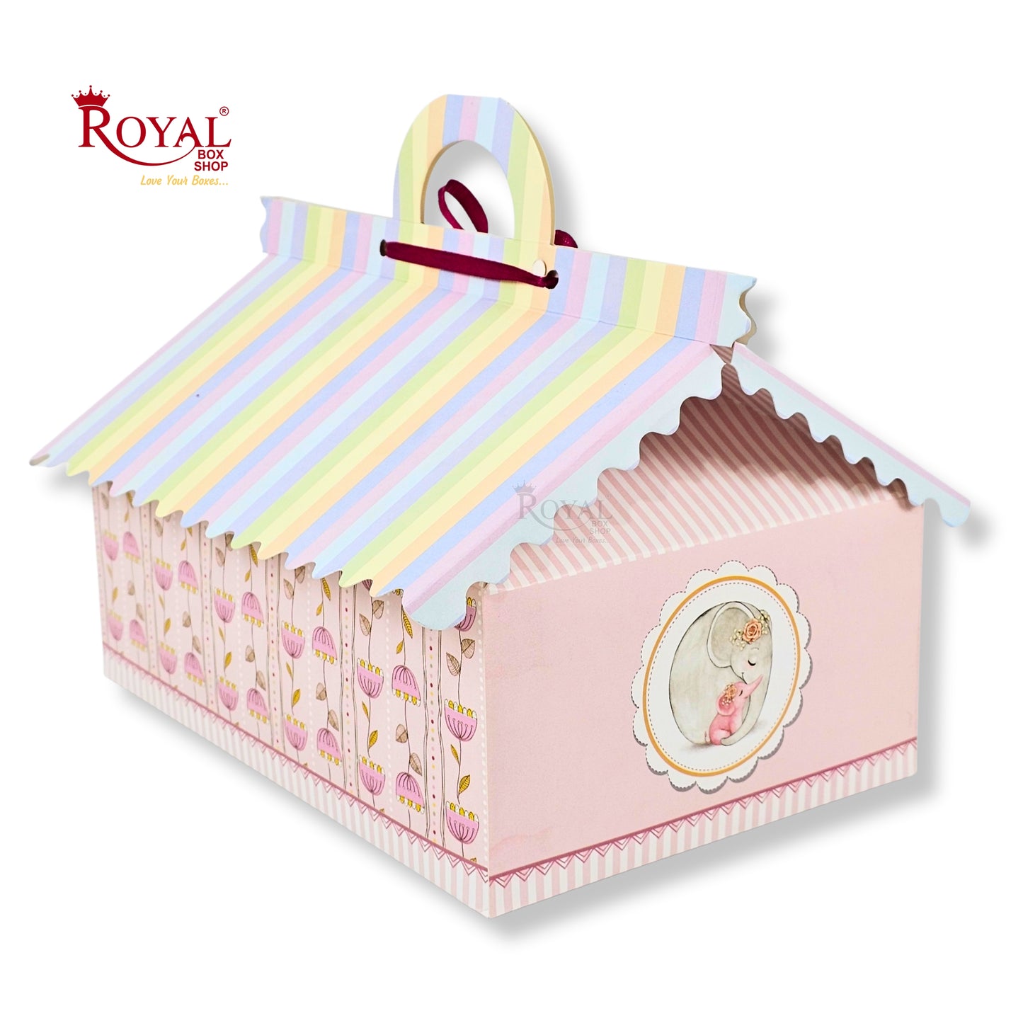 6cc Hut Shape Gift Boxes | 10x7x4 Inch | Elephant Theme Pink