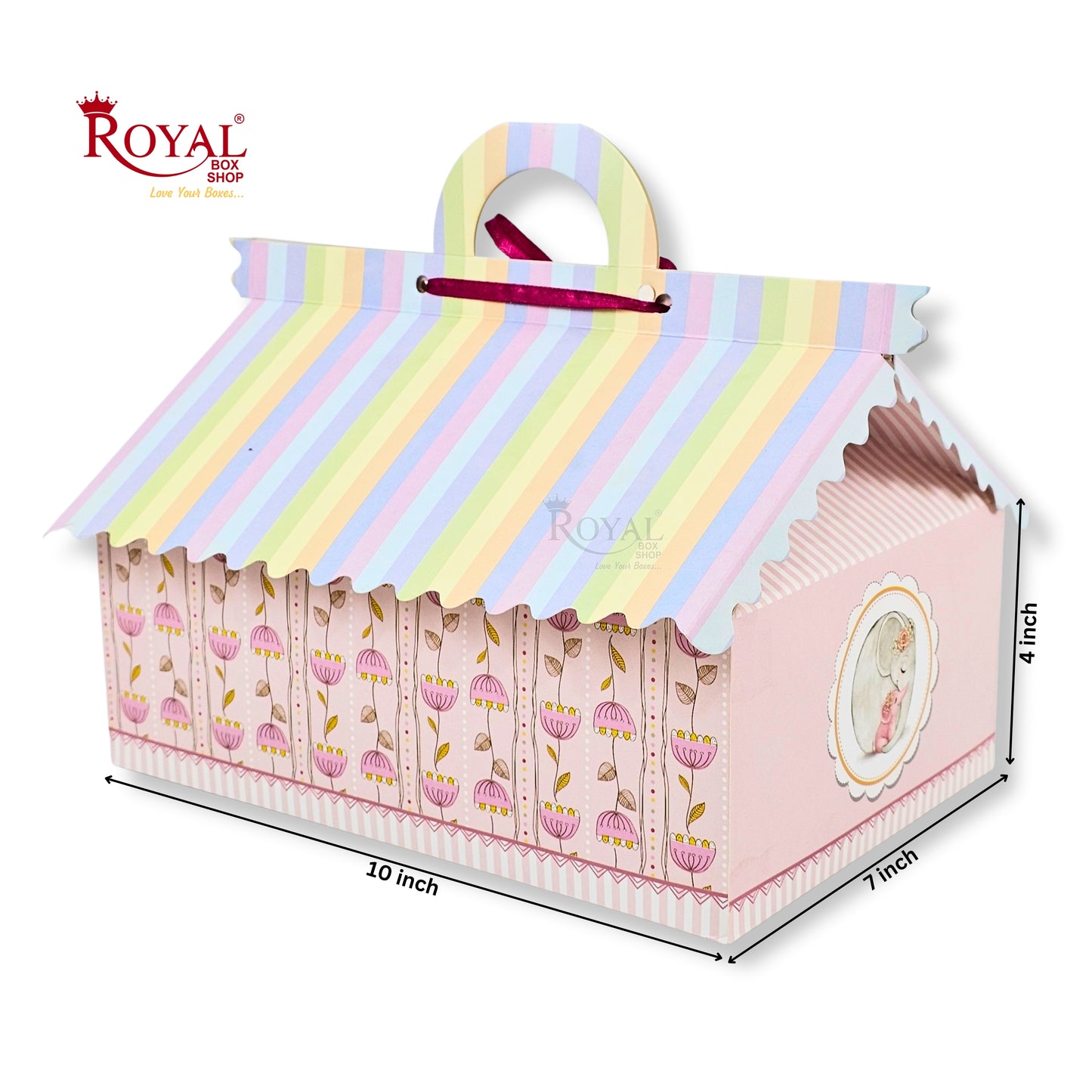 6cc Hut Shape Gift Boxes | 10x7x4 Inch | Elephant Theme Pink