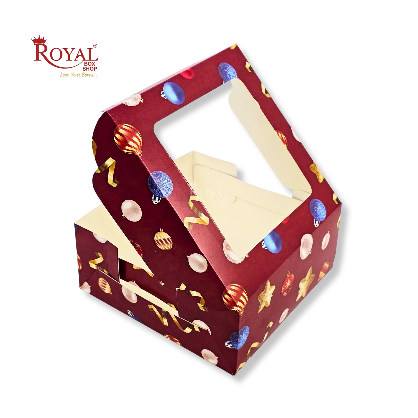Christmas Theme Dry Cake Box With Window | 7x7x3 inch | Red | Perfect for Dry Cakes, Chocolates, Cookies, Muffins