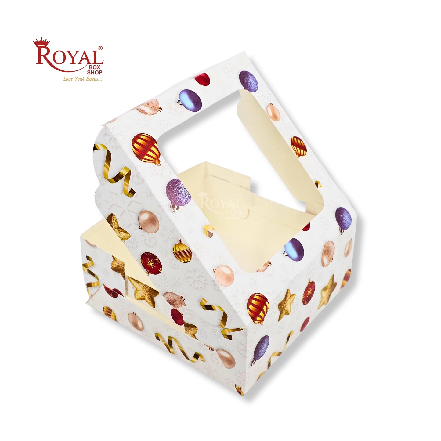 Christmas Theme Dry Cake Box With Window | 7x7x3 inch | White | Perfect for Dry Cakes, Chocolates, Cookies, Muffins
