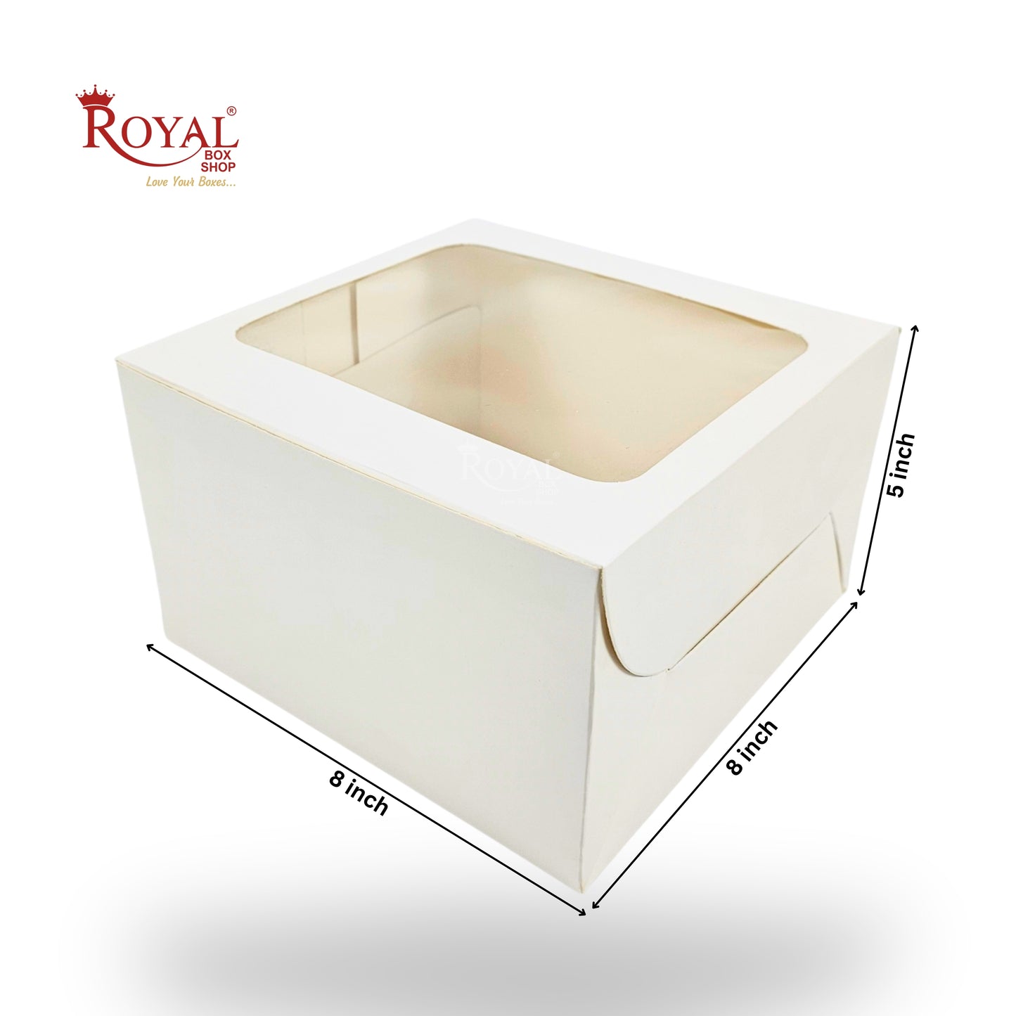 RoyalBoxShop® Cake Box With Window I Size 8x8x5 inch I White 300 GSM I B2B I Half Kg Cake Box